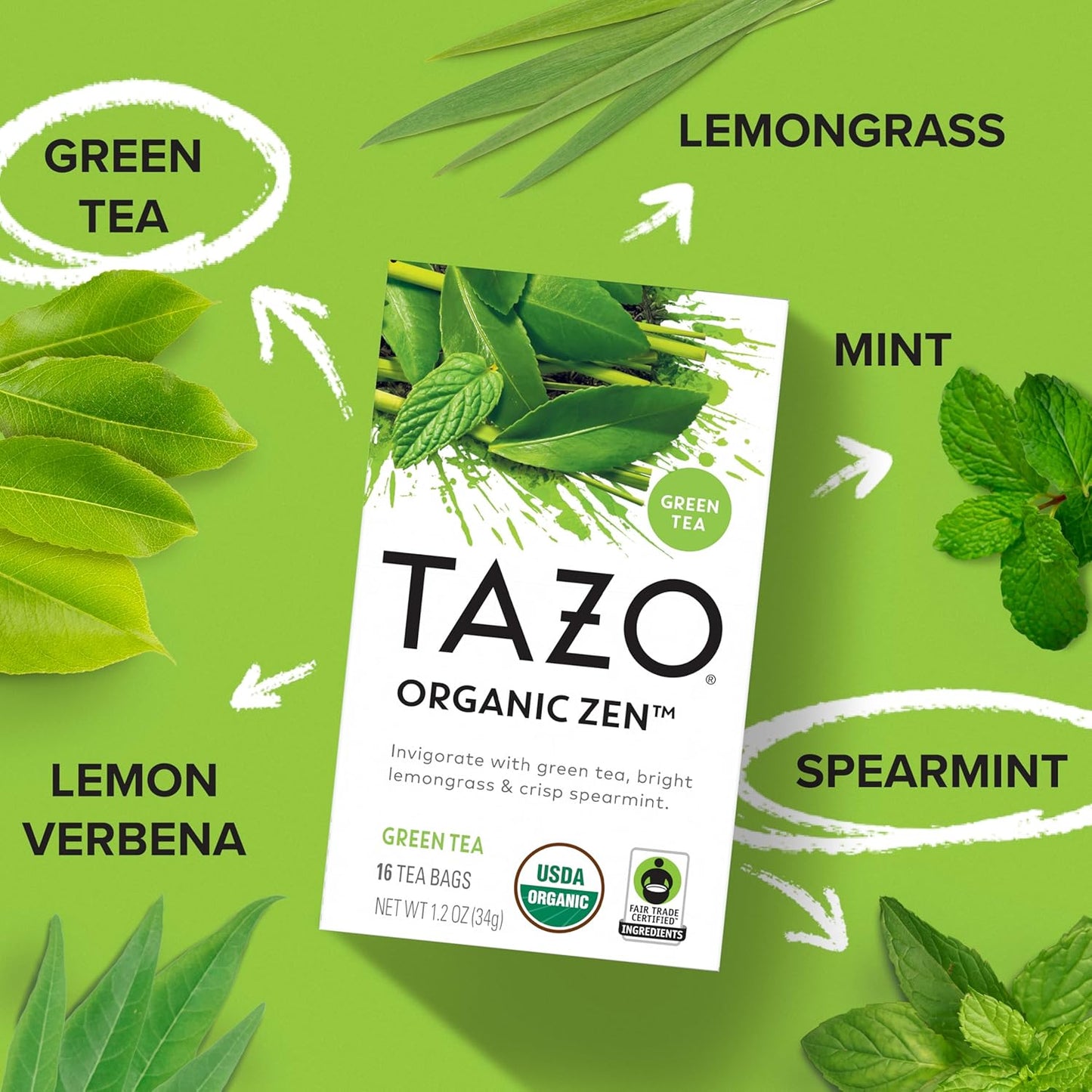 TAZO Organic Zen Green Tea, Caffeinated Tea with Refreshing Lemongrass & Spearmint, 16 Total Bags