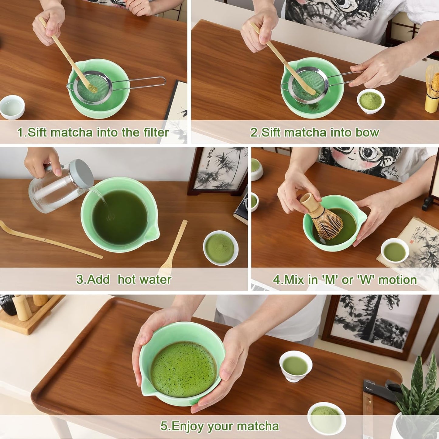 PHILORN Matcha Whisk Set 9Pcs Ceramic Matcha Kit Matcha Bowl with Spout, Whisk, Holder, Bamboo Scoop, Scoop Rest, Sifter and Tea Towe for Matcha Lover and Tea Ceremony (Cyan)