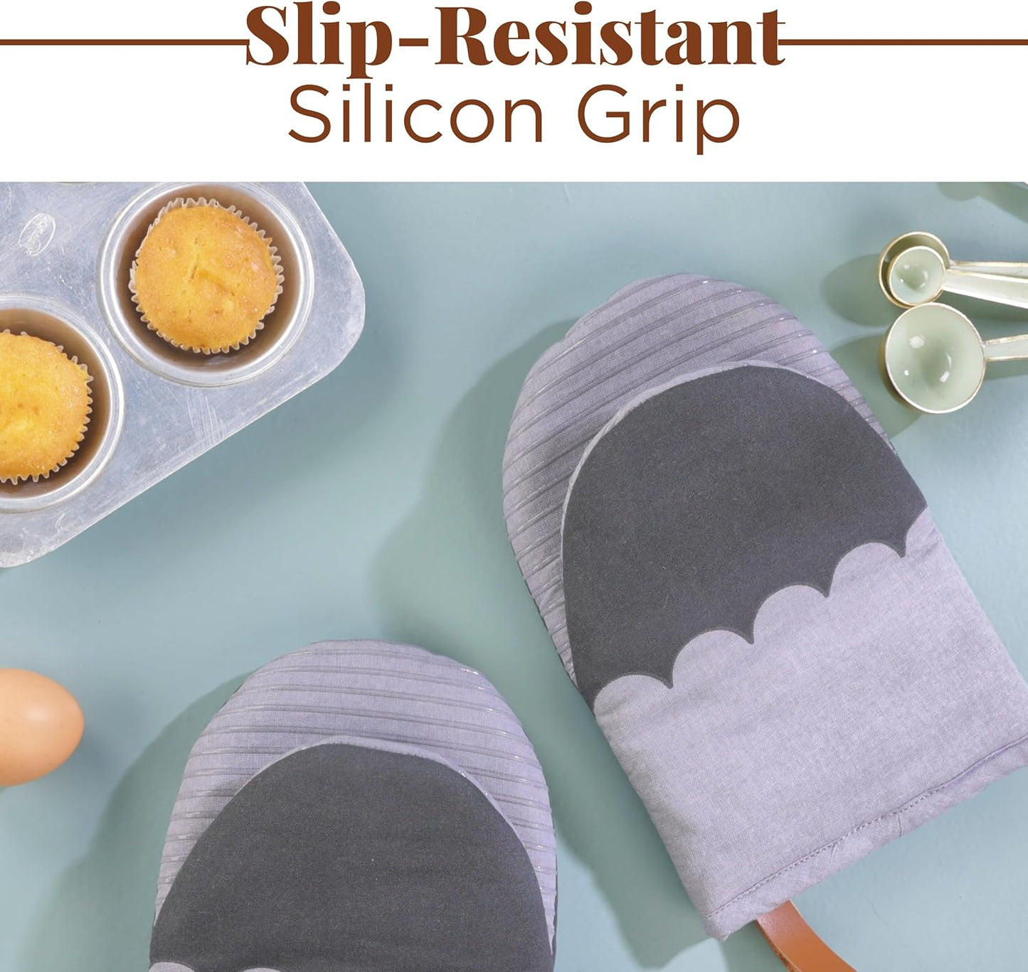 Folkulture Mini Oven Mitts Heat Resistant | (5.75x9) Set of 2 Short Grey Oven Mitts with Hanging Loop | 100% Cotton Oven Gloves or Kitchen Mittens | Small Oven Mitt Set, Grey Scallop Oven Mits