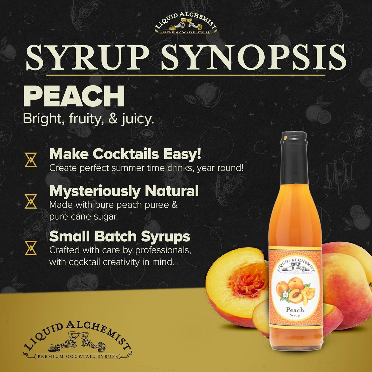 Liquid Alchemist Peach Syrup for Drinks - Real Ingredients Make our Peach Puree for Cocktails a Perfect Bellini Mix - Our Flavored Syrup is Non-GMO & Vegan (12 oz)