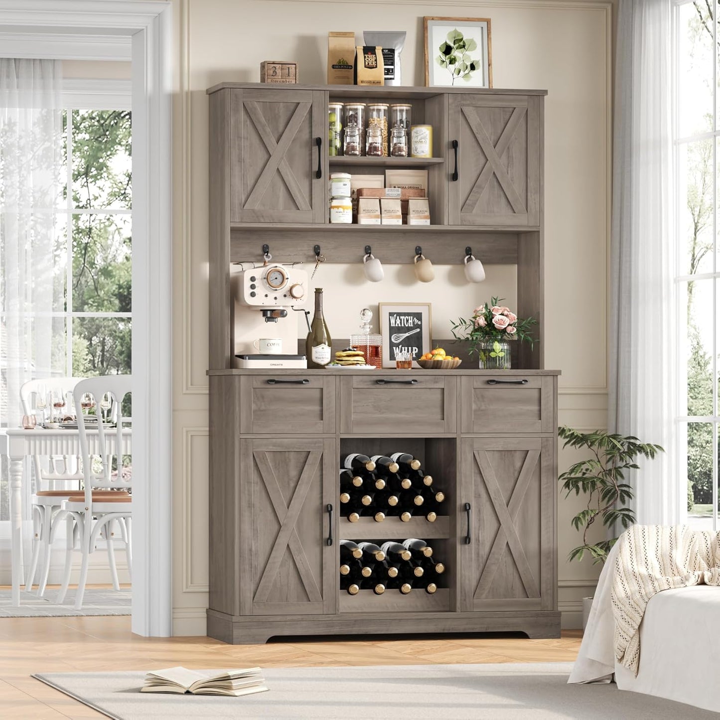 HIFIT 72" Kitchen Pantry Hutch Cabinet with Storage, Farmhouse Wood Coffee Bar with Wine Rack and Microwave Stand, Tall Storage Cabinet with Barn Doors and Shelves for Dining Living Room, Ash Grey