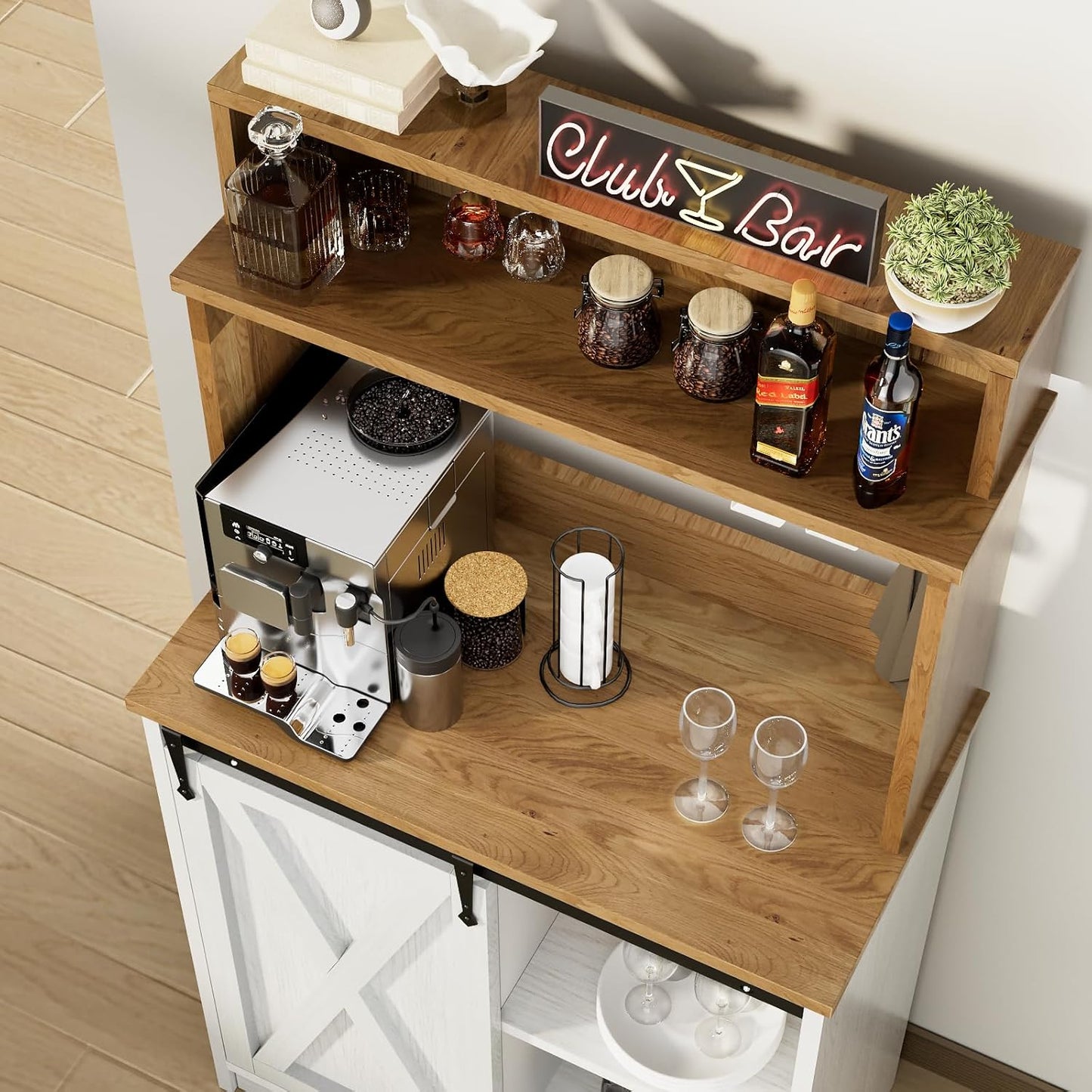 Farmhouse Coffee Station with 3 Tier Storage Hutch & 6 Hooks - 56 Inch Small Coffee Bar Table with Adjustable Shelves for Living/Dining Room