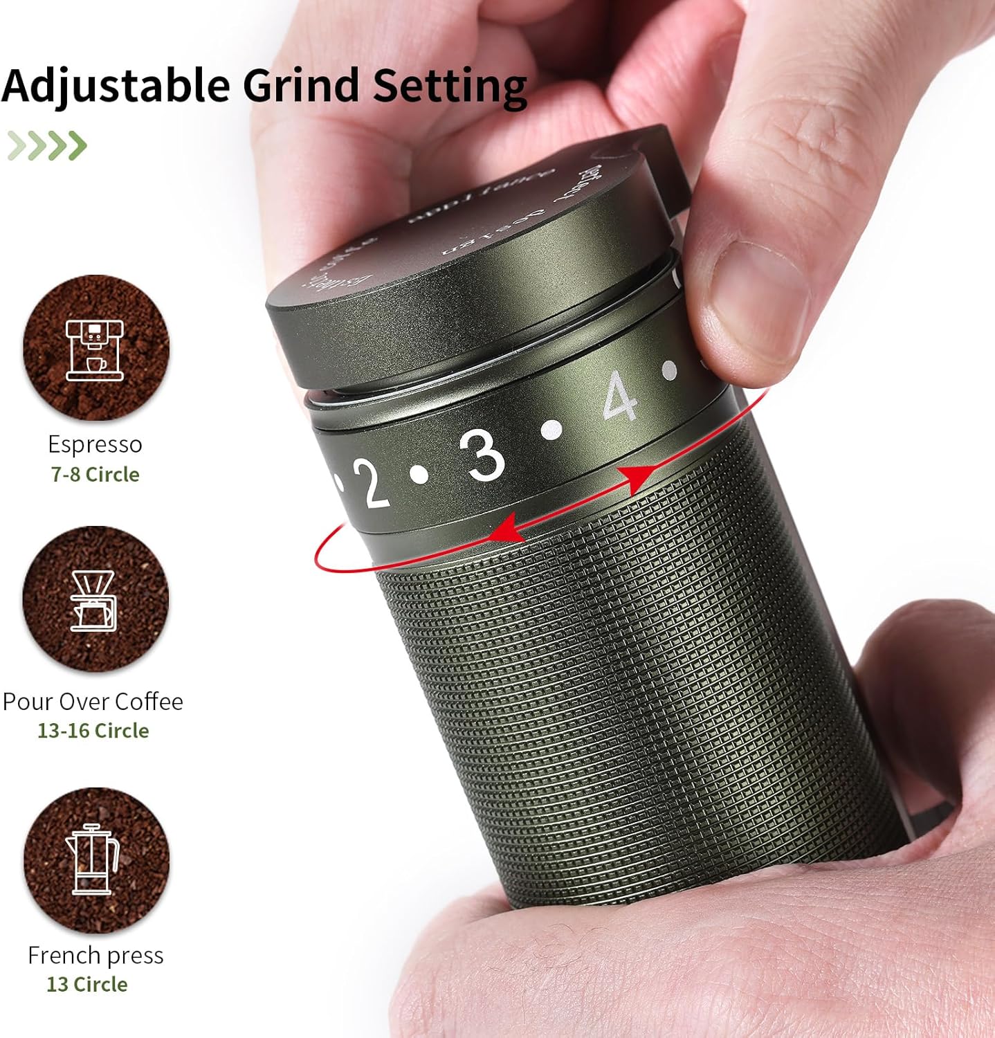 Bincoo Manual Coffee Grinder with Foldable Handle– External Setting Hand Coffee Grinder with Steel Burr,Compact and Portable for Home/Travel/Camping(Green)