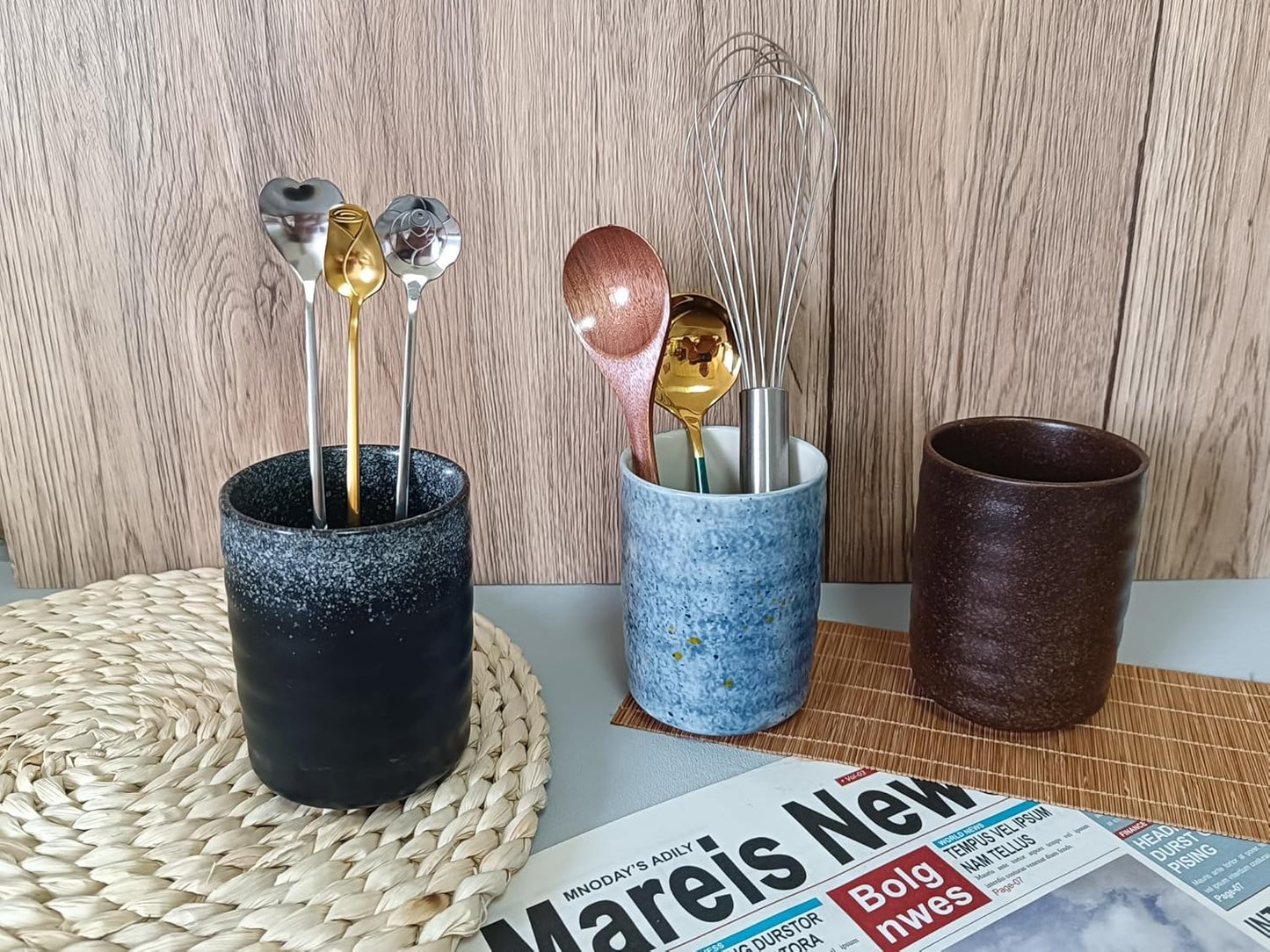 Stoneware Coffee Bar Utensil Holder Tea & Coffee Spoon & Stirrer Holder for Stir Stick Straw Teaspoon Holder Spoon Cup Small Utensil Jar (Sea blue)