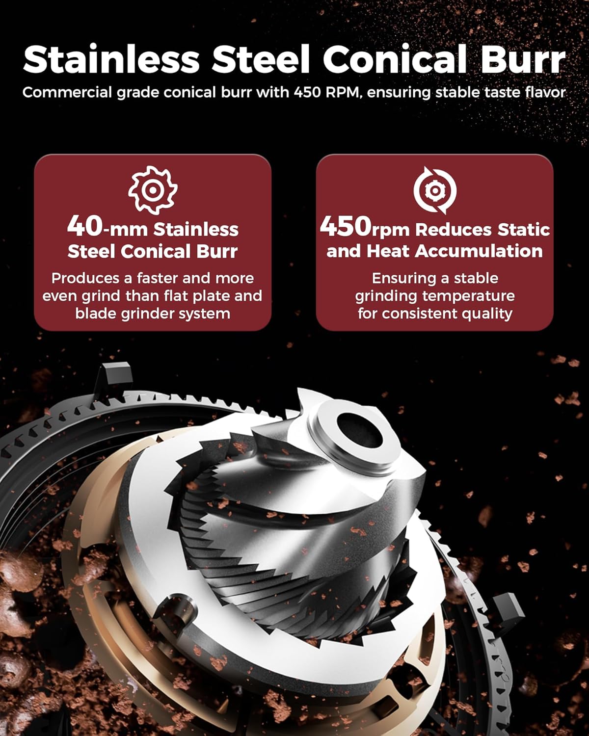 Tuni G1 Conical Burr Coffee Grinder, 48 Grind Settings Anti-static Burr Mill, Precision Electronic Timer and LED Touchscreen for Espresso/Drip/Cold Brew/French Press, Stainless Steel, Ivory