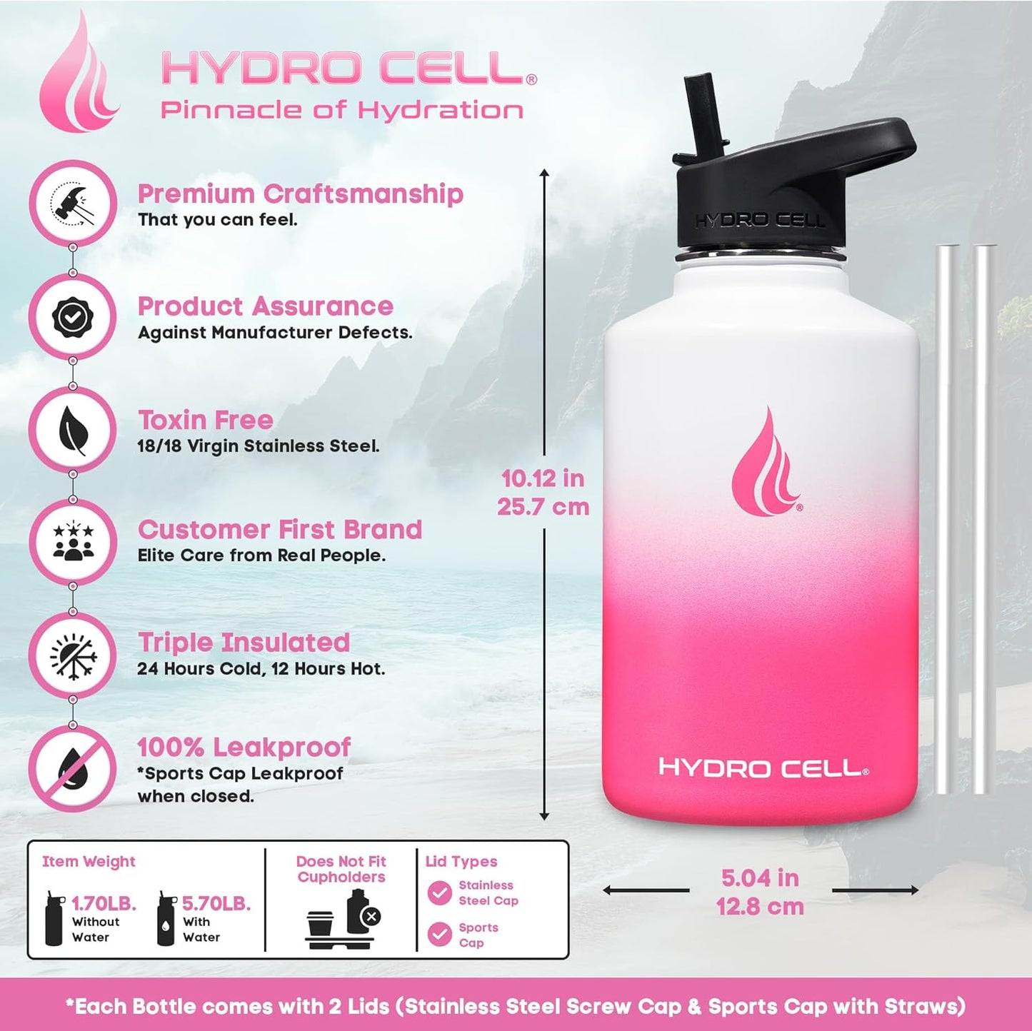 HYDRO CELL Stainless Steel Insulated Water Bottle with Straw - For Cold & Hot Drinks - Metal Vacuum Flask with Screw Cap and Modern Leakproof Sport Thermos for Adults (White/Pink 64oz)