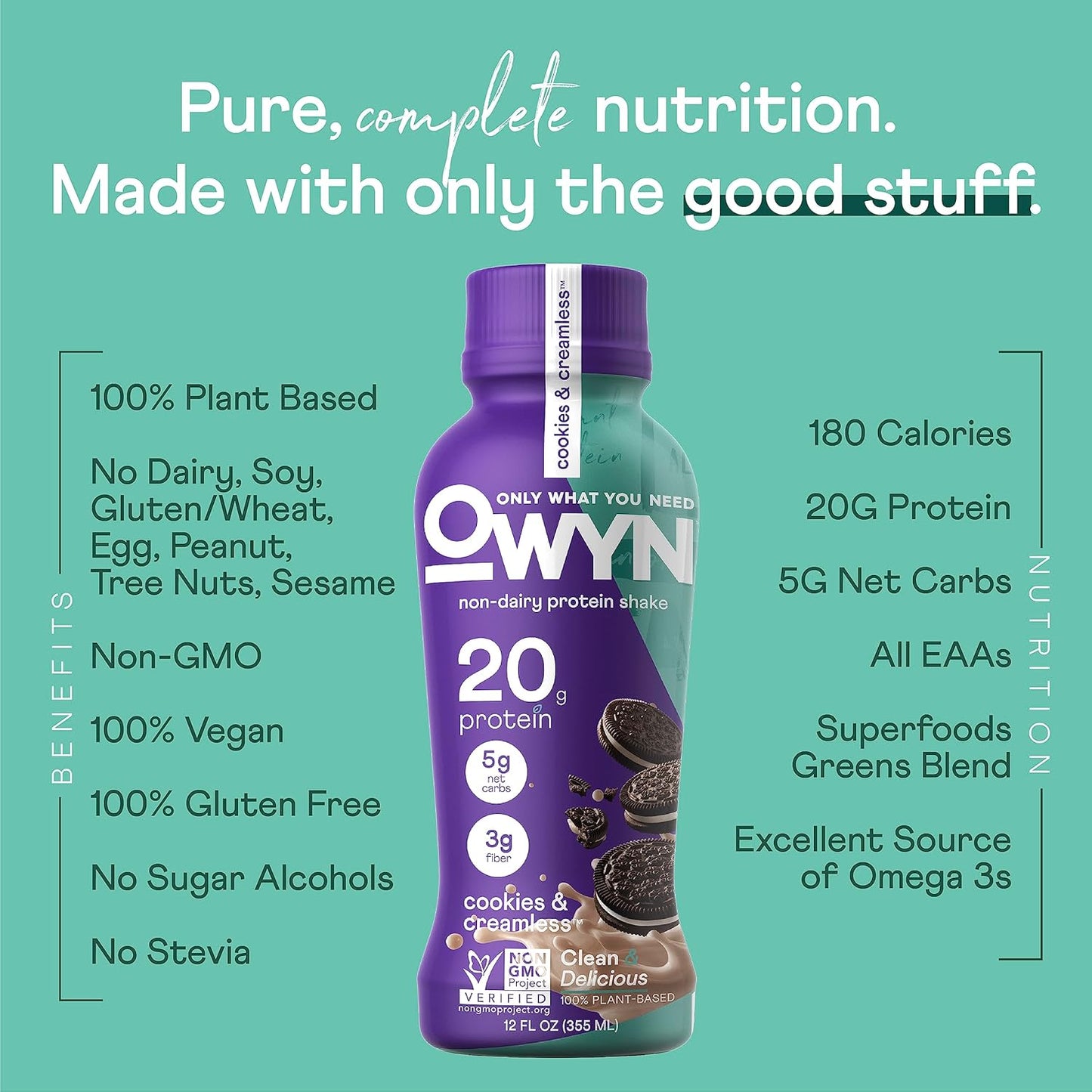 OWYN Only What You Need Plant Based Protein Shake, 20g Vegan Protein from Organic Pumpkin Seed, Flax, Pea Blend, Prebiotic Supplement, Superfood Greens, Gluten & Soy-Free (Cookies & Creamless)