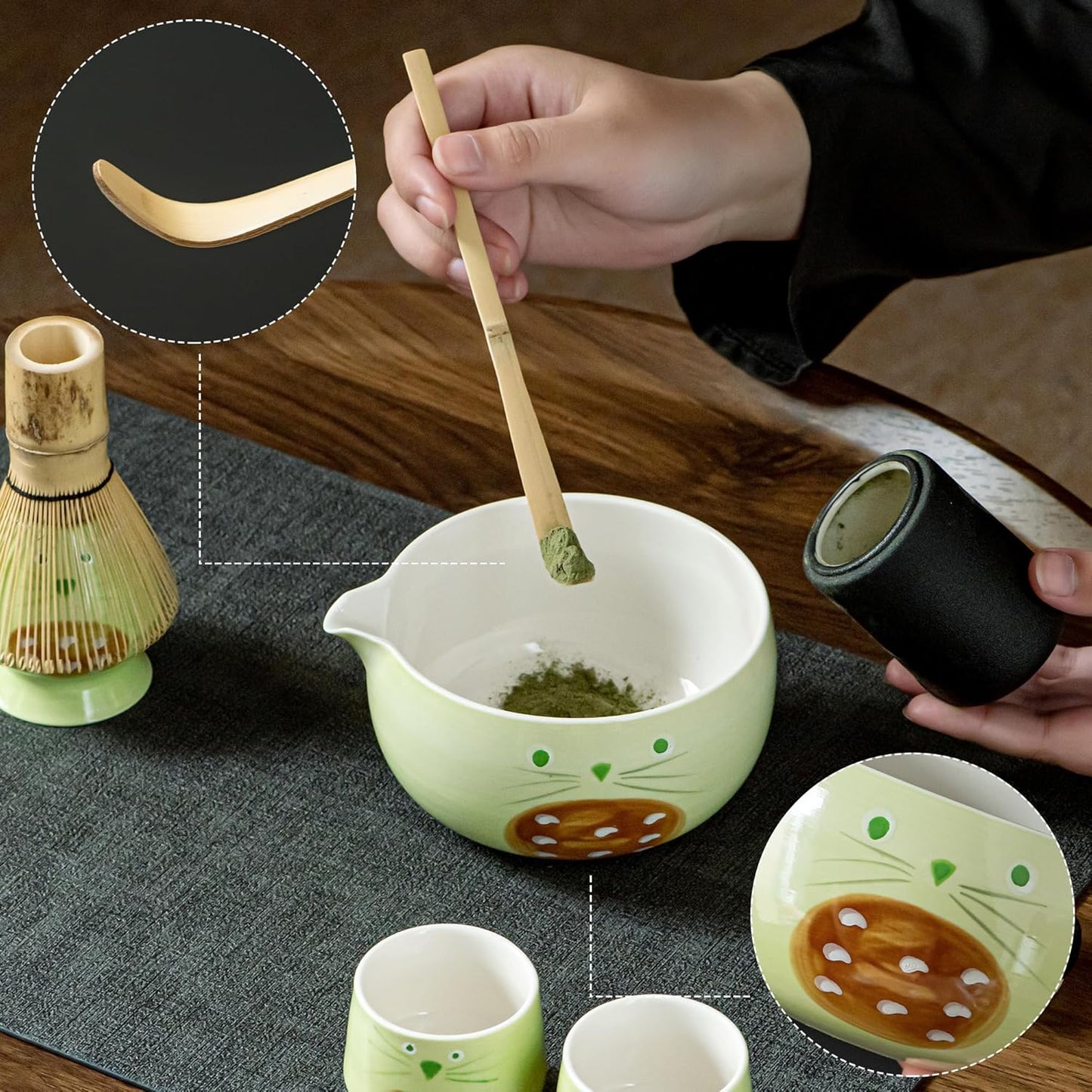 Green Matcha Set -Cute Cat Matcha Kit Includes Ceramic Bowl, Whisk and Holder, Bamboo Scoop - 6 Pcs Matcha Whisk Set for Matcha Lovers