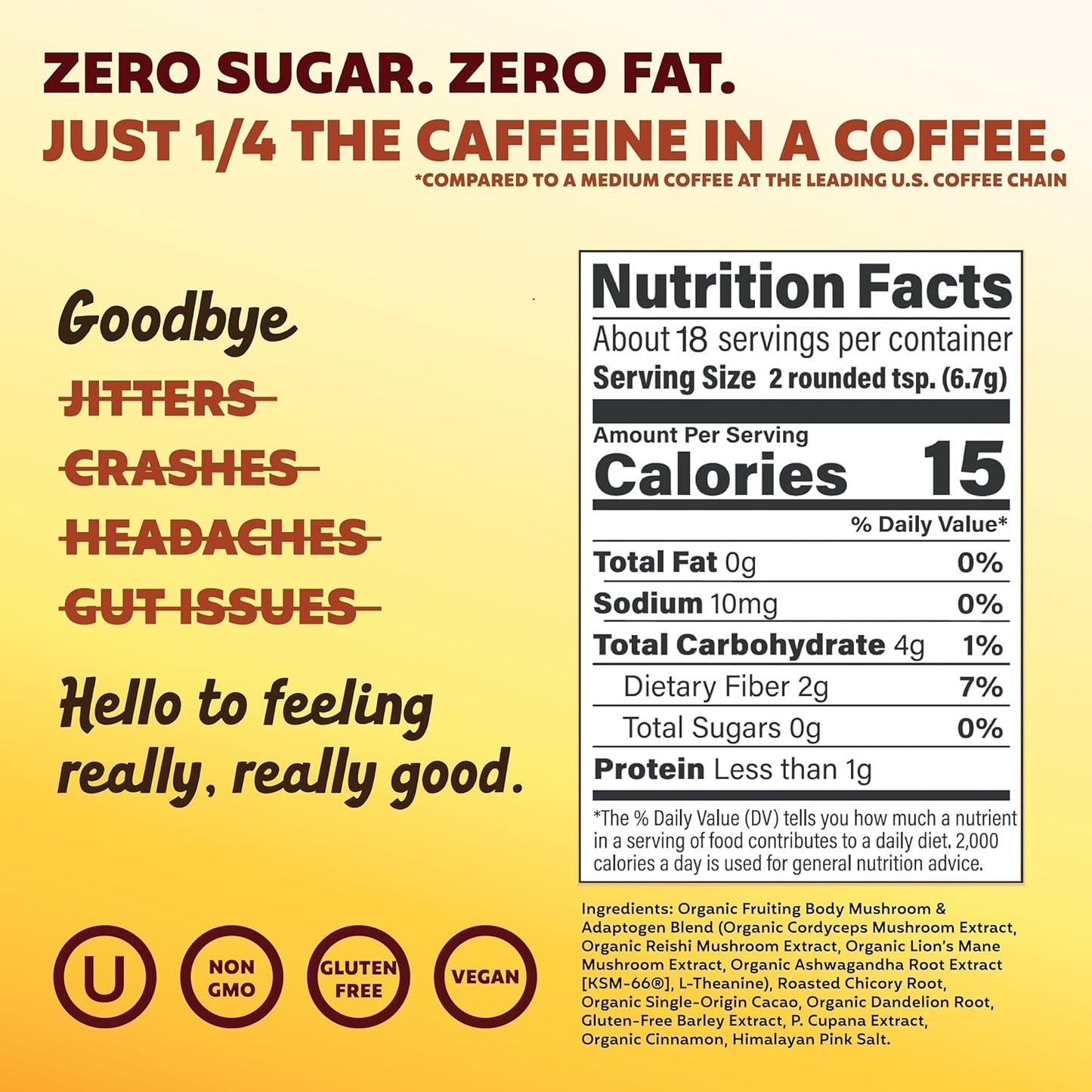 Joe'y Mushroom Coffee Alternative with Cacao and Dandelion Root, Chicory Coffee Substitute with Adaptogenic Superfoods, Vegan Gluten-Free Drink for Focus and Clean Energy without Jitters, 18 Servings