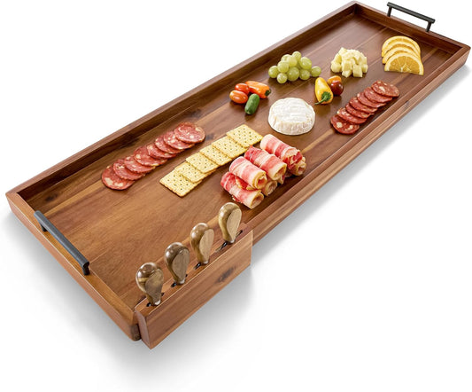 Acacia 36 Inch Large Charcuterie Boards for Party with Cheese Knife Set of 4 – Acacia Wood Serving Tray with Handles, Long Charcuterie Board, Wooden Cheese Board