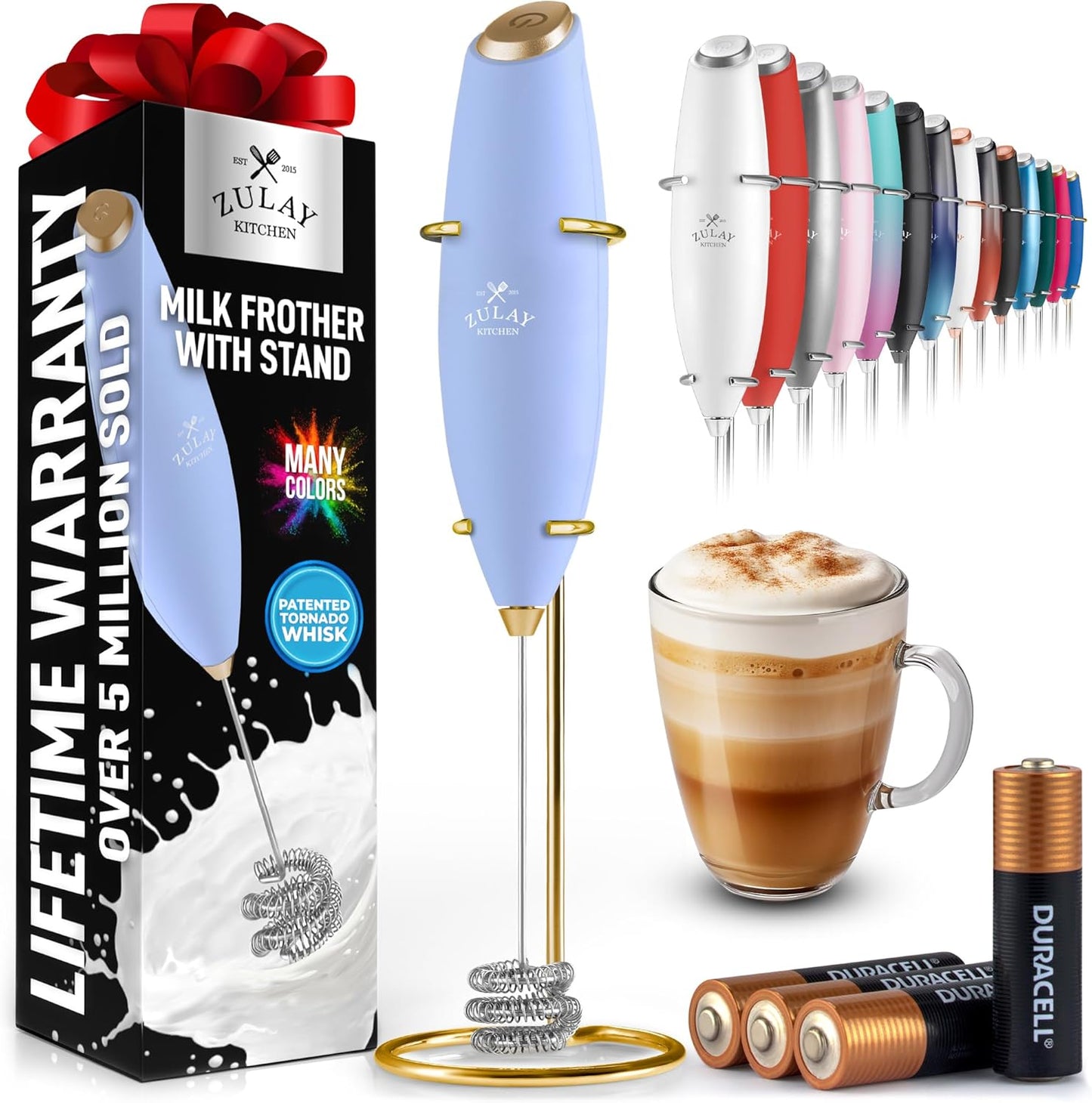 Zulay Kitchen Patented Tornado Triple Whisk Milk Frother with 4 Duracell Batteries – Handheld Foam Maker for Coffee, Lattes, Matcha & Hot Chocolate – Rich, Creamy Froth in Seconds