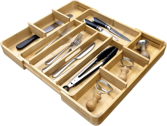 Navaris Bamboo Kitchen Drawer Organiser - Cutlery Tray with Removable Divider for Customisable Drawers Storage - Expandable Trays for Utensils, Tools, Makeup, Stationery, 30 x 43cm
