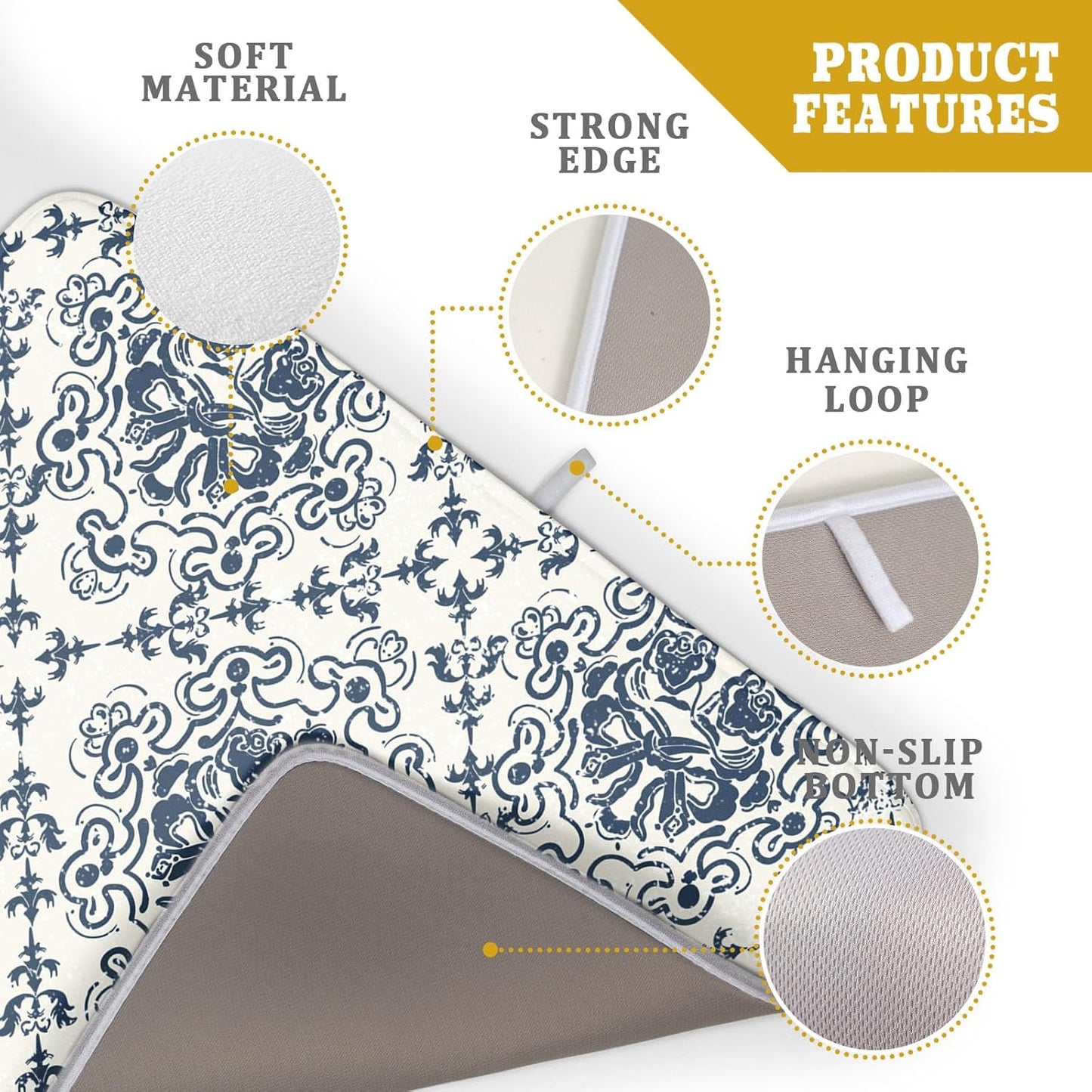 Bohemian Grey Retro Dish Drying Mat for Kitchen Counter,Boho Abstract Flower Art Drying Mat 18 x 24 Inch Microfiber Dish Drying Pad Dish Rack Pad Drainer Mat for Coffee Bar