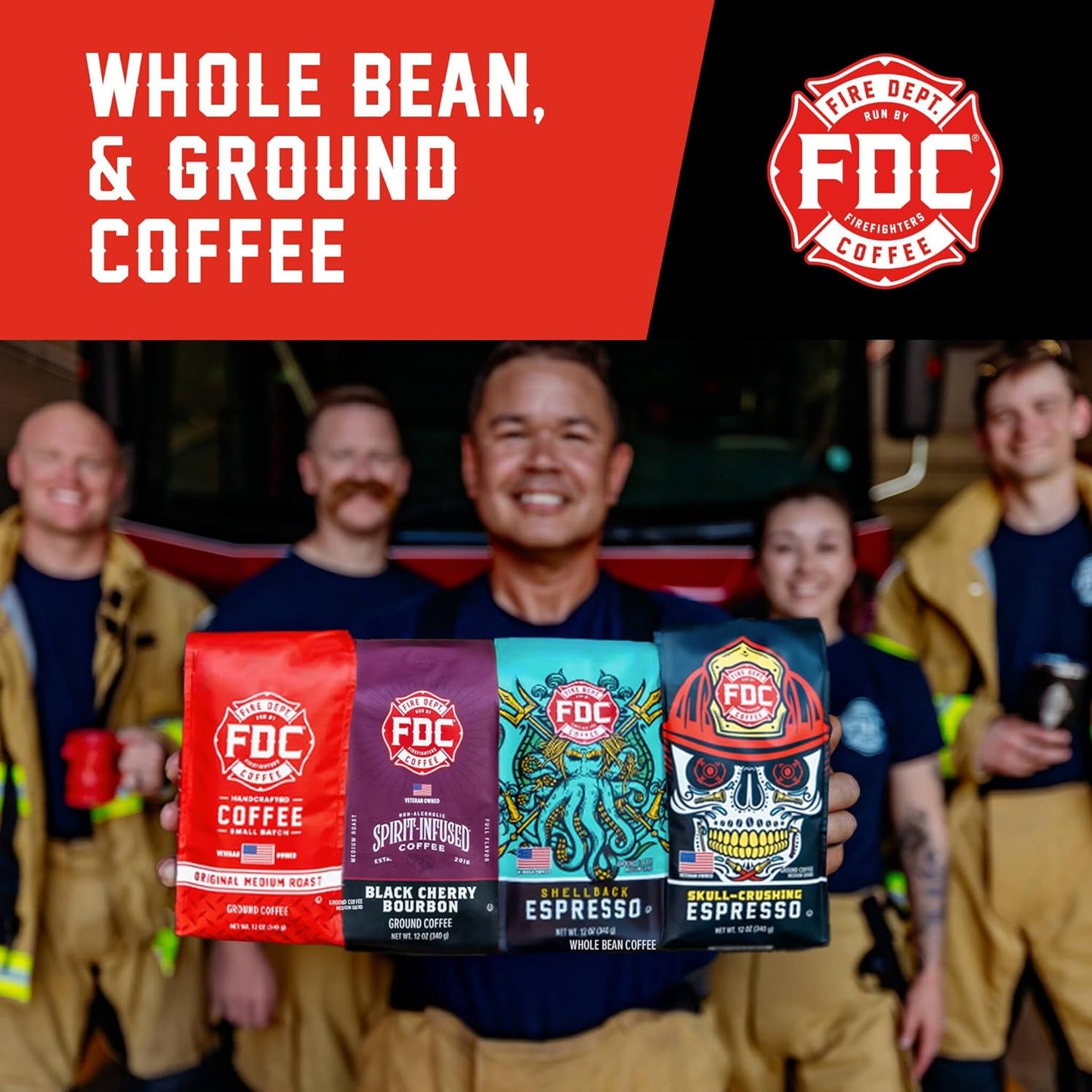 Fire Department Coffee - Gives Back to Firefighters - Rescue Variety Pack - Ground Coffee - Medium, Dark, Shellback Espresso, & Skull Crushing Espresso - Veteran Owned (12 oz, Pack of 4)