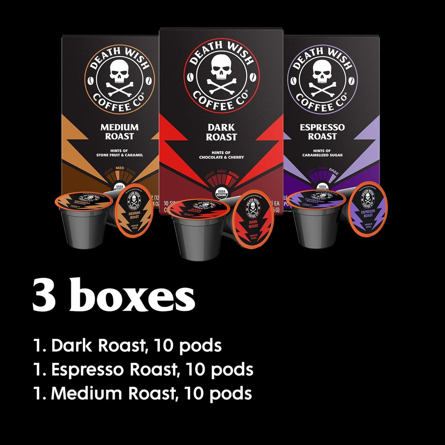 Death Wish Coffee, Single Serve Coffee - 10 Each of Medium, Dark, and Espresso Roast - Mixed Roast Variety Pack