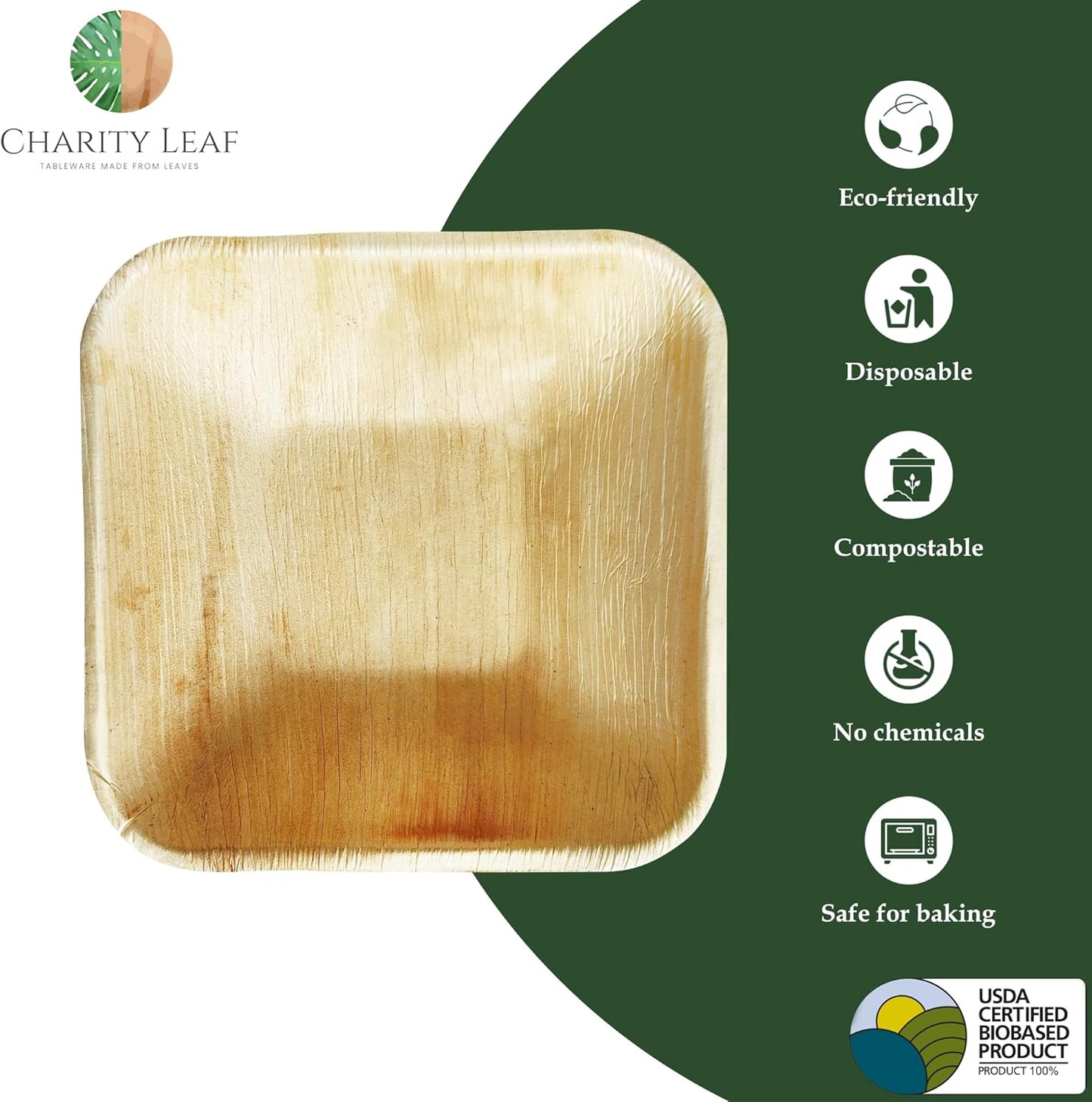 Charity Leaf Disposable Palm Leaf 5" Square Bowl (50 pcs) Dipping Bowls | Bamboo Like| All Natural and Biodegradable | Charcuterie Boards, BBQs, and Parties