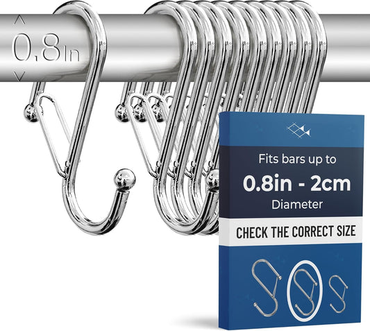 10-Pack Metal S Hooks for Hanging – Heavy-Duty S-Shaped Hook with Safety Buckle – Fits Bars up to 0.8 In – Anti-Drop S-Hooks for Kitchen, Bathroom, Closet & Pot Racks – Silver (Medium)