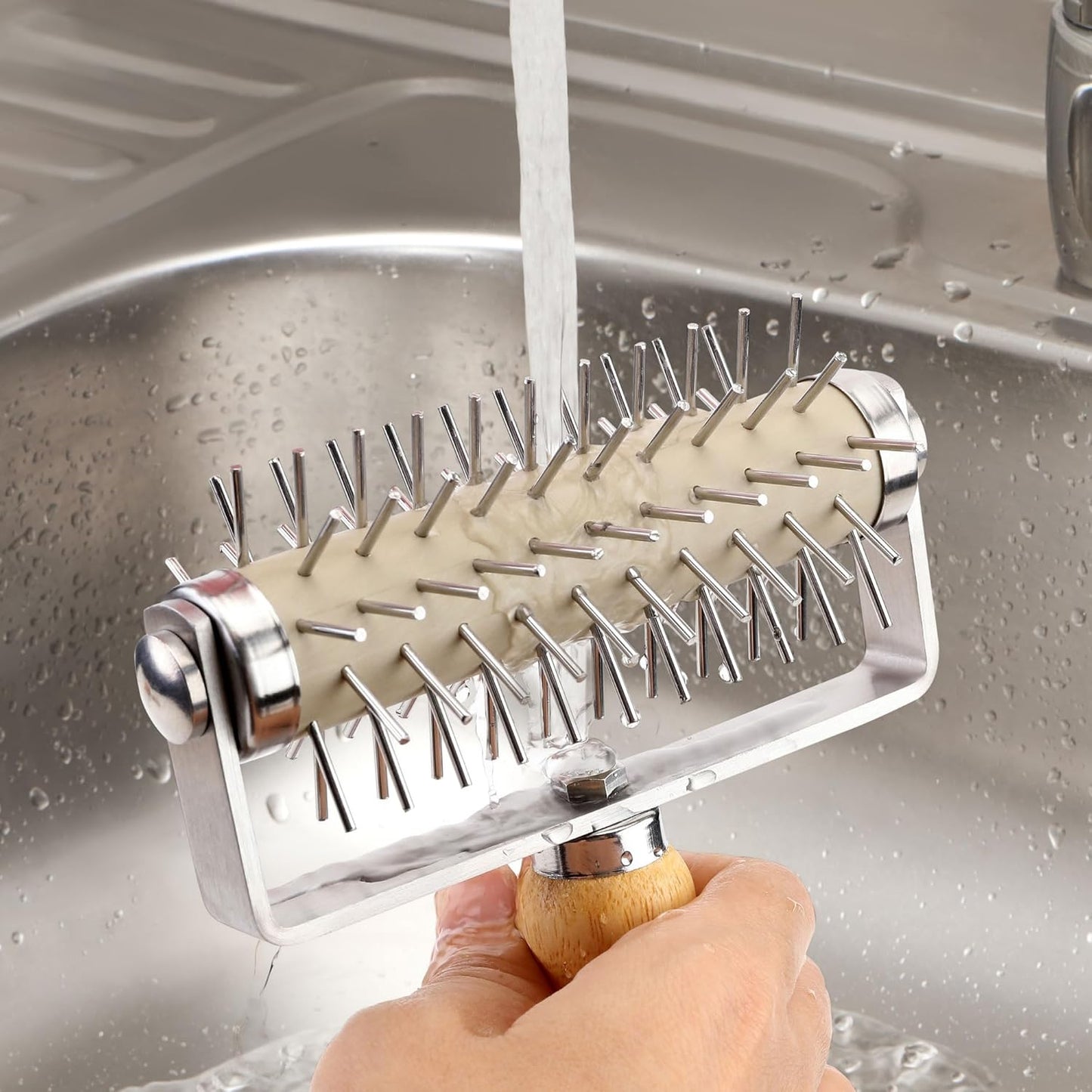 2Pcs Pizza Dough Roller & Dough Docker, Wood Rolling Pin Stainless Steel Dough Hole Puncher for Pizza, Pie, Pastry, Bread, Pasta, Cookie, Crust