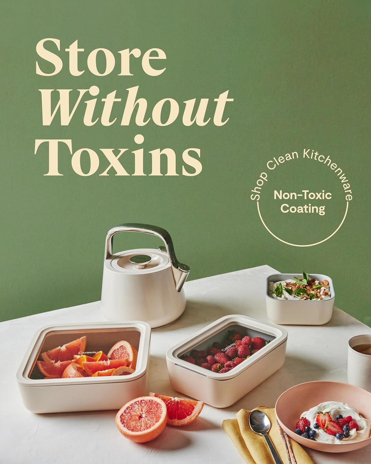 Caraway Glass Food Storage, 10 Cup Glass Container - Ceramic Coated Food Container - Non Stick Lunch Box Container with Glass Lids. Dishwasher, Oven, & Microwave Safe - Square Shape - Perracotta