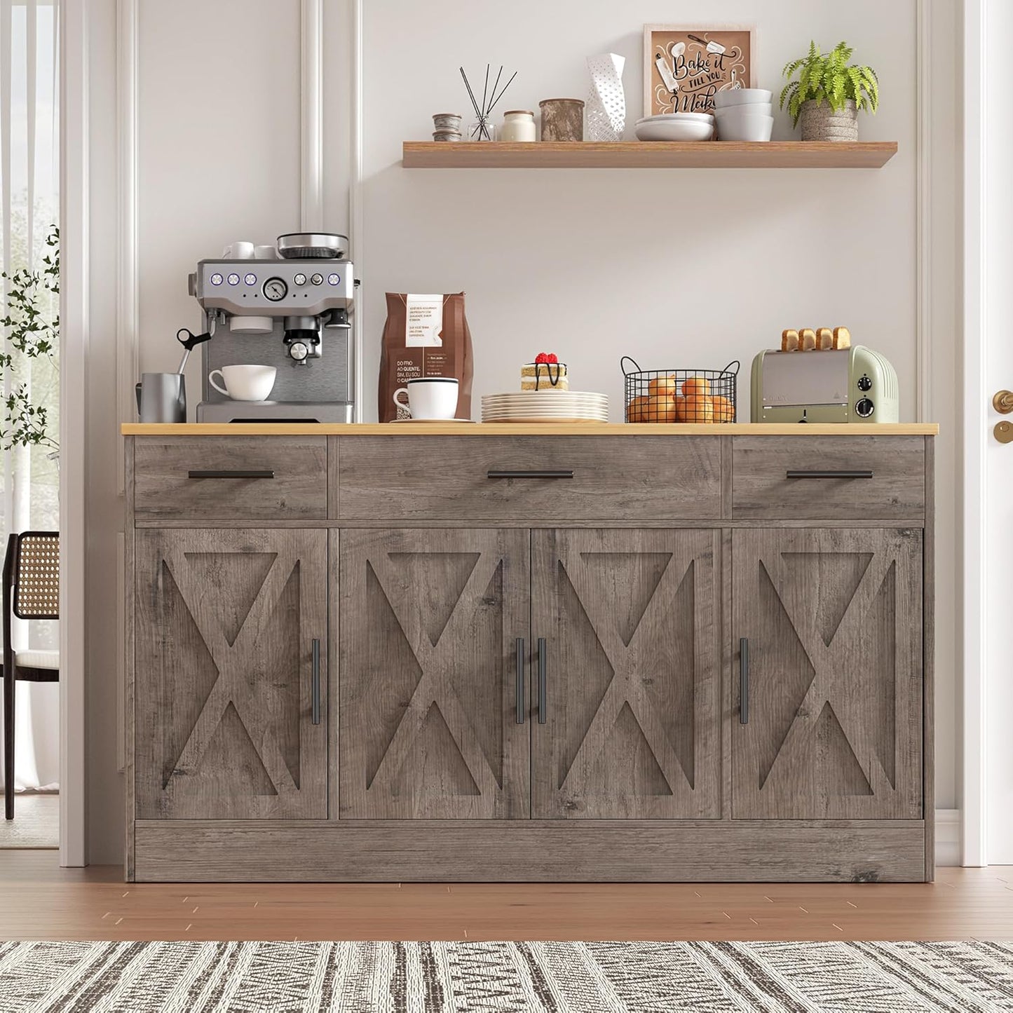 Vongrasig 53" Large Sideboard Buffet Cabinet With 4 Doors and 3 Drawers, Farmhouse Coffee Bar Kitchen Storage Cabinet, Wood Table for Kitchen, Dining Room, Ash Grey