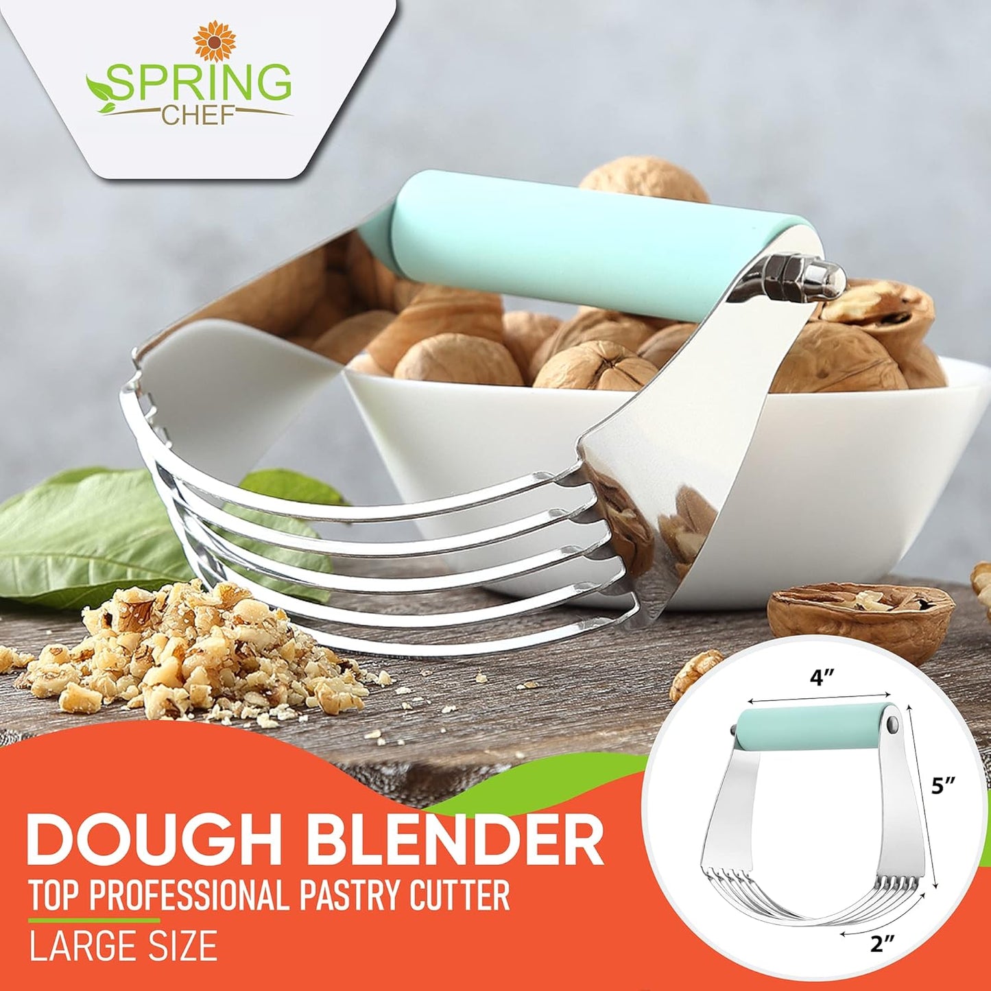 Spring Chef Stainless Steel Large Size Dough Blender For Baking, Professional Manual Dough Cutter Tool, Dishwasher Safe Puff Pastry Cutter Tool with Sharp Blades, Pastry Blender for Easy Mixing - Mint