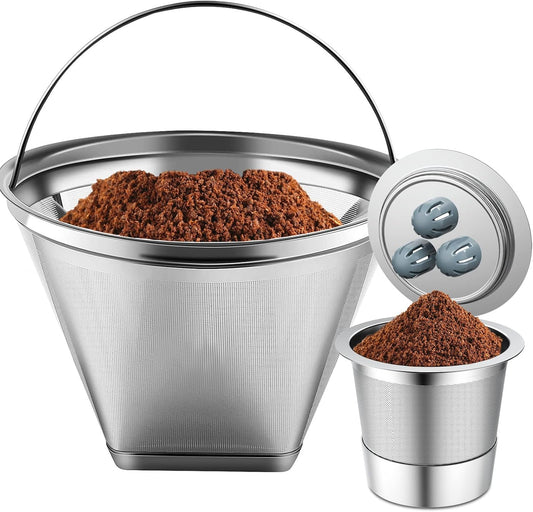 Stainless Steel Reusable Coffee Filter Compatible with Coffee Maker, Reusable Coffee Pods with 4 Cone Coffee Filters, Reusable Coffee Filters for Ninja CFP201 CFP300 CFP301 CFP307