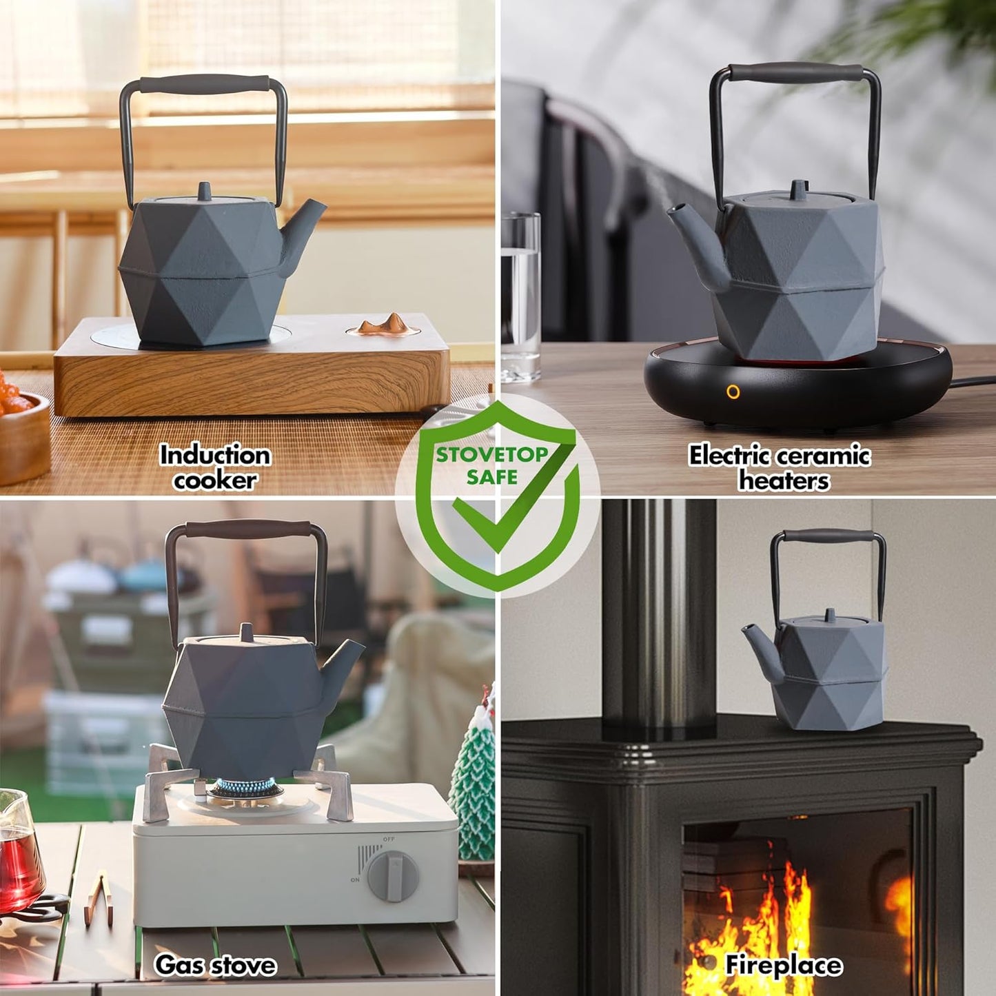 Cast Iron Teapot, 35oz Tea Kettle Stovetop Safe with Infuser for Tea Coffee, Japanese Minimalist Diamond Pattern Tea Pot with Enameled Interior, 1000ml Grey