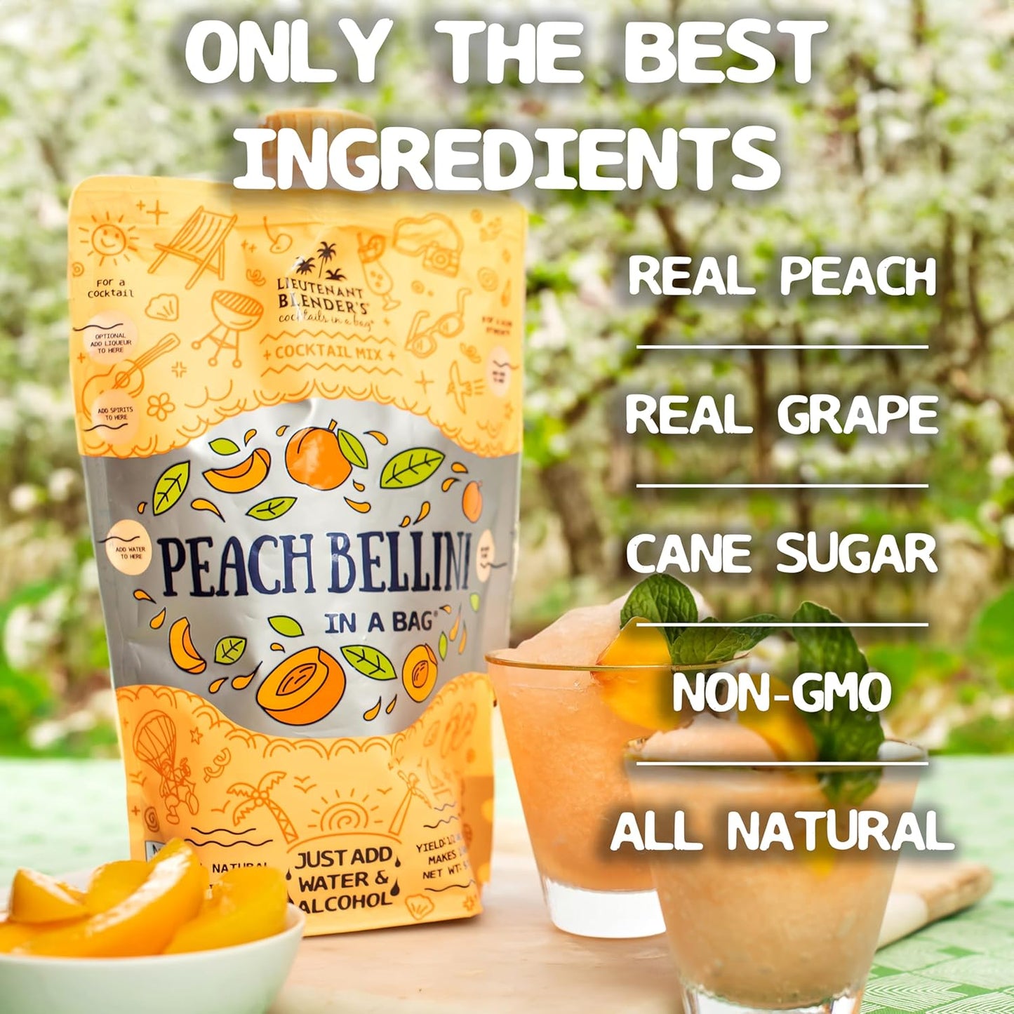 Lt. Blender's Peach Bellini in a Bag - Wine Slushie Mixes - Each Bag Makes 1/2 Gallon of Frozen Peach Bellini Mix – Non-GMO Wine Freezer mix - Make with Wine, Liquor or as a Mocktail - (Pack of 1)