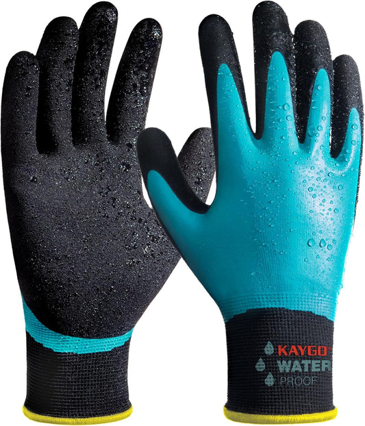 KAYGO Waterproof Work Gloves for Men and Women, Rubber Coated Non-slip Working Gloves for Garden, Outdoor Construction,3 pairs,Blue,L