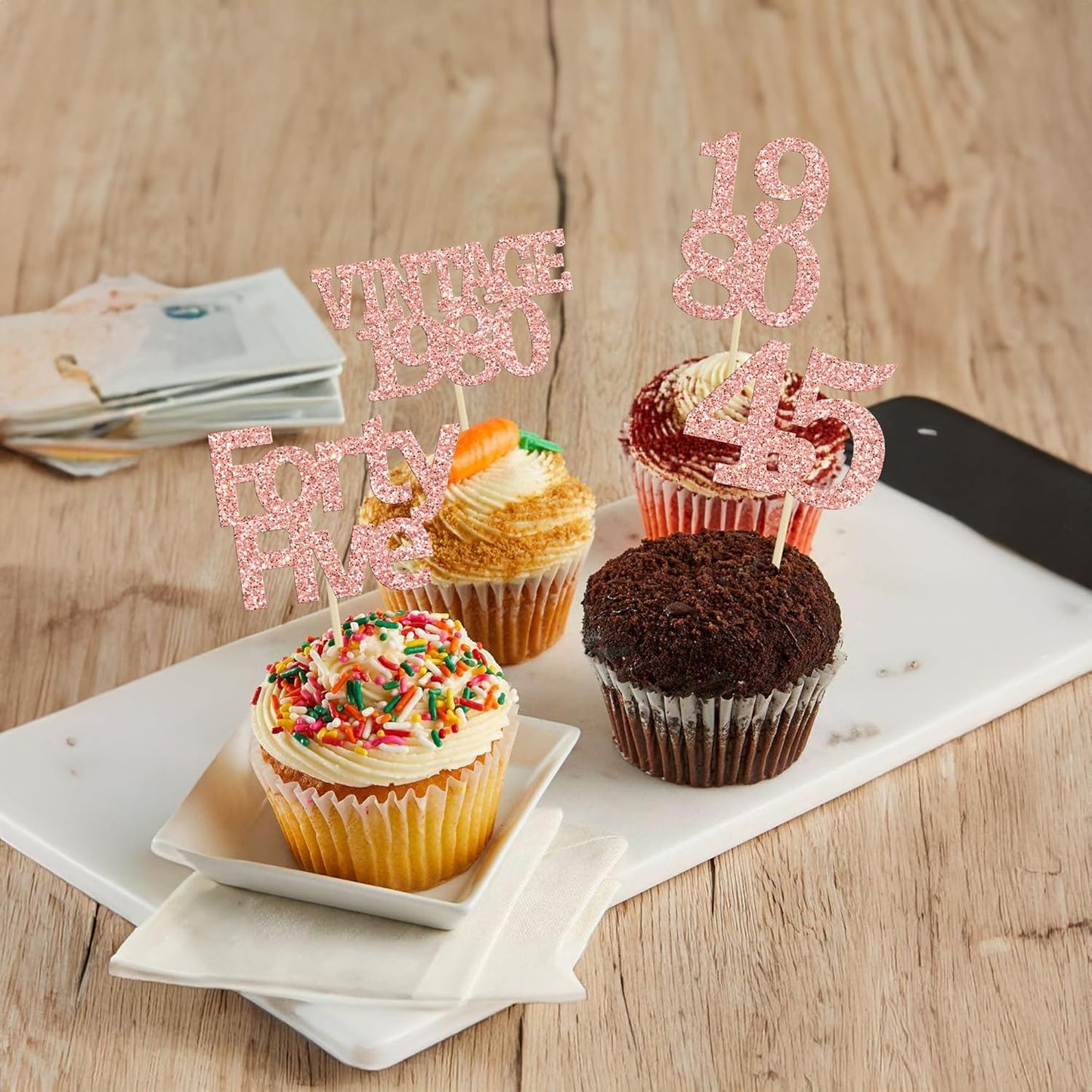 Gyufise 24Pcs 45th Birthday Cupcake Toppers Glitter Cheers to 45 Fabulous Forty Five Vintage 1980 Cupcake Picks 45th Birthday Wedding Anniversary Party Cake Decorations Supplies Rose Gold