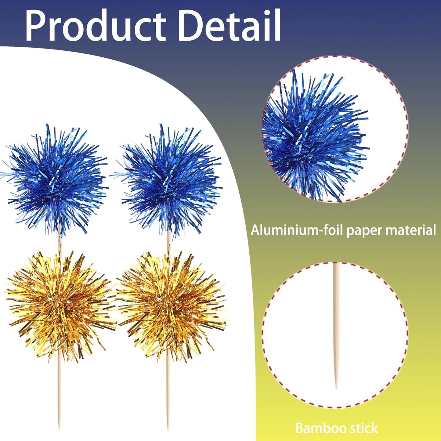 40 PCS Foil Firework Cupcake Toppers Sparkle Tinsel Cupcake Picks Fireworks Birthday Party Decorations Cocktail Fruit Toothpick for Birthday Wedding Graduation Party Decorations Supplies Gold Blue