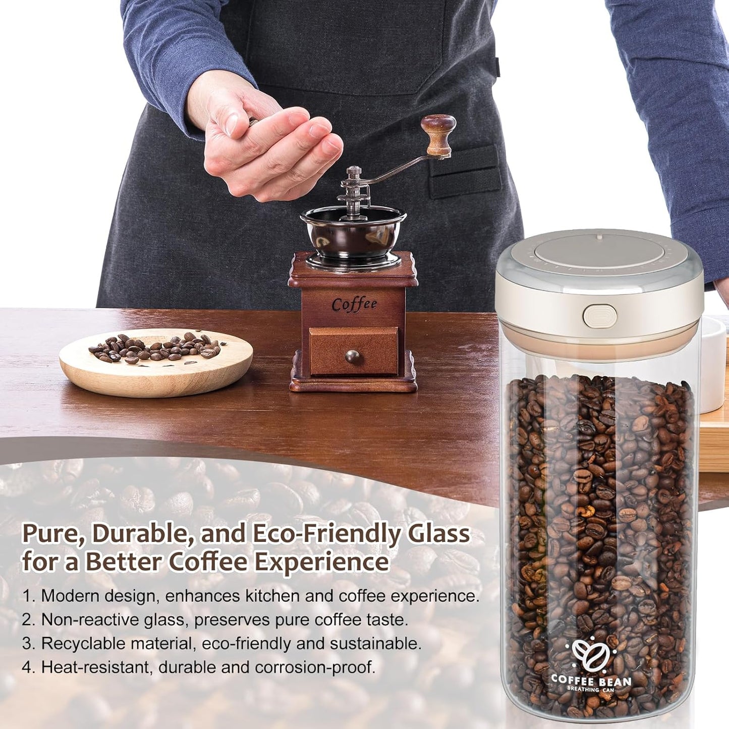 22oz Airtight Coffee Canister With Scoop, Glass Coffee Container Airtight,High Borosilicate Jar With Co2 One-Way Valve, Date Tracker (57fl.oz)