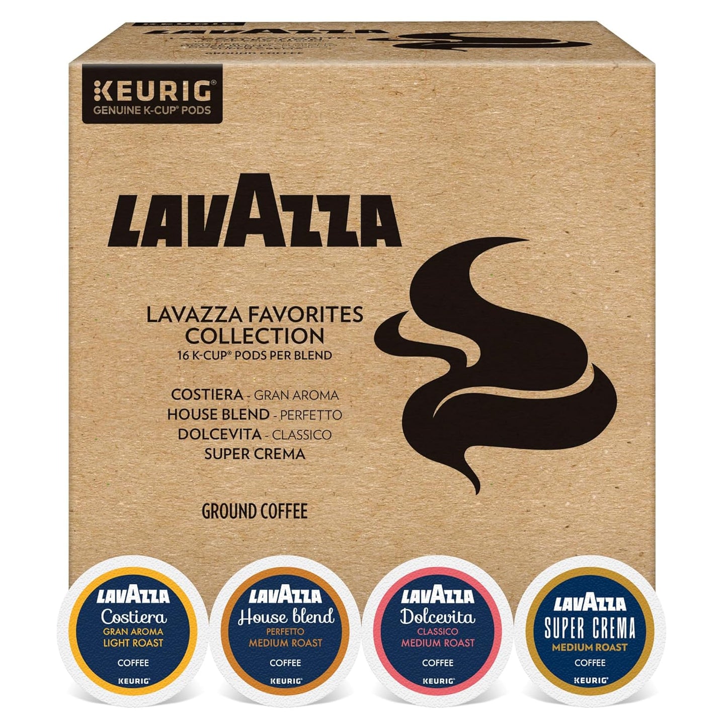 Lavazza Favorites Collection Variety Pack, Single Serve Keurig® K-Cup® Pods, Light and Medium Roast Coffees, 64-Count Box