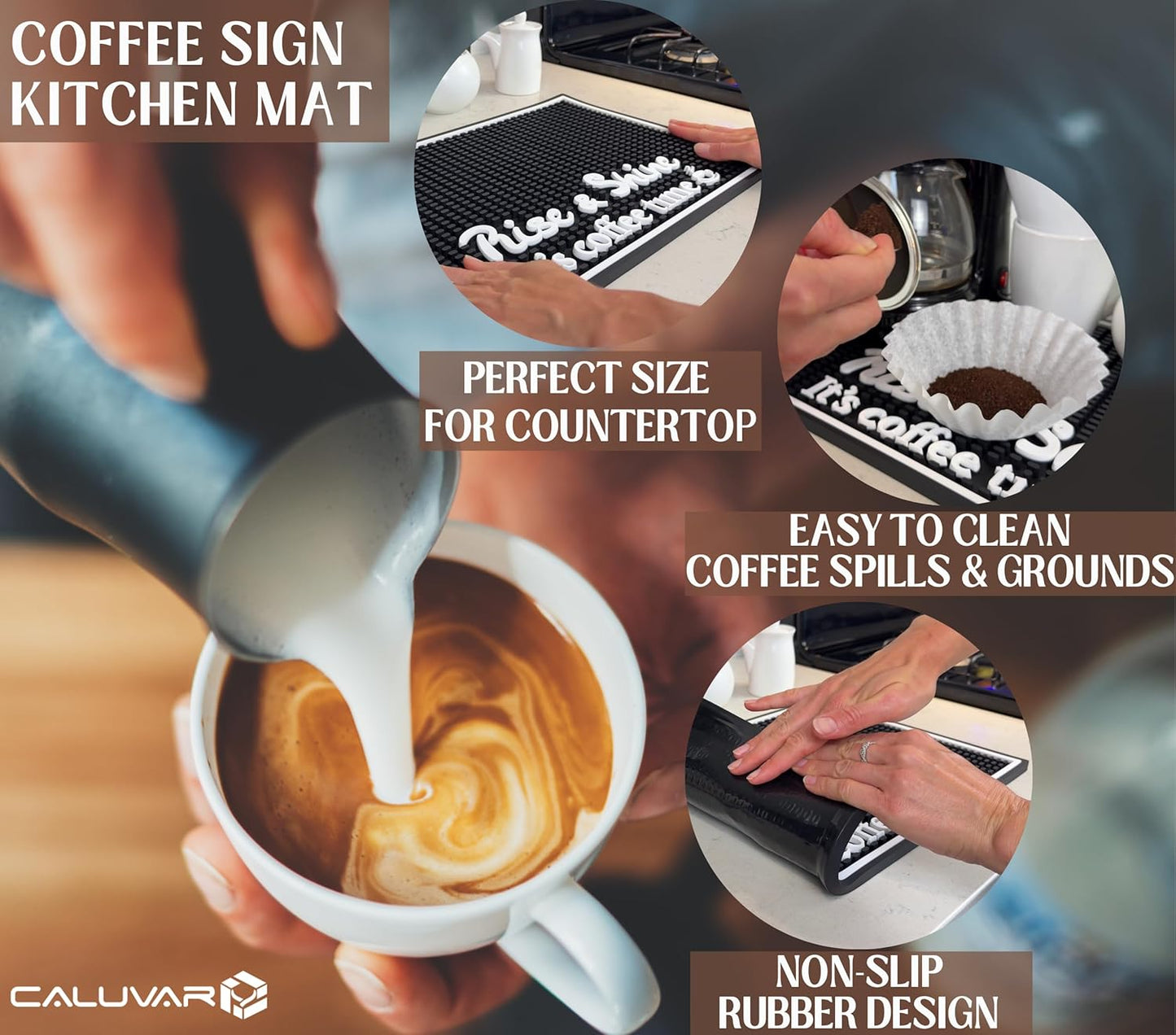 Coffee Bar Mats for Countertop Rise and Shine It's Coffee Time Sign 18x12 in Espresso Machine Mat Compatible, Premium Silicone Mat for Countertop for Tiki Bar Decor and Tiki Decorations