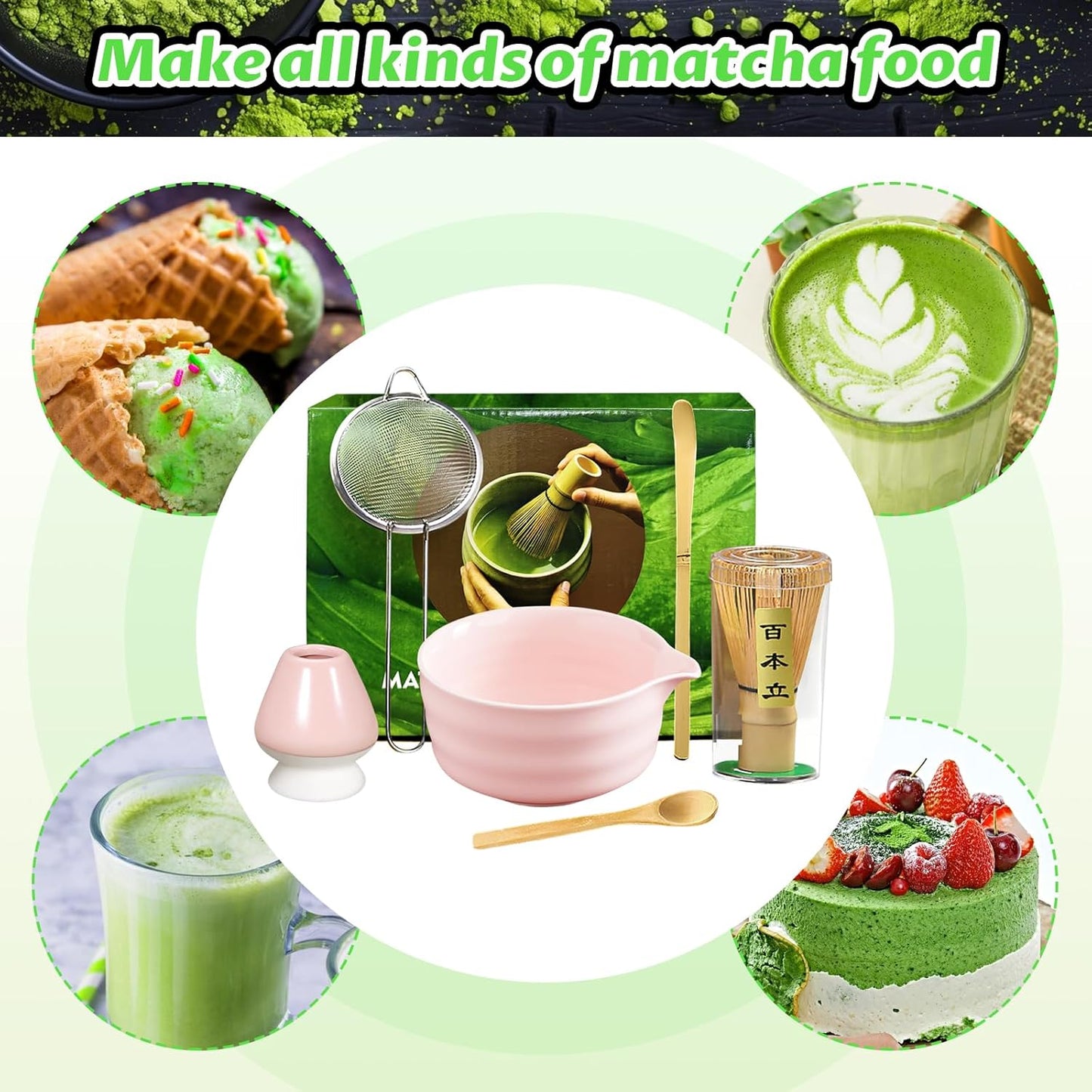 Matcha Set, 6 Pcs Matcha Whisk Set with 20 oz Bowl, Bamboo Whisk for Matcha Tea, Matcha Bowl, Ceramic Matcha whisk Holder, Stainless Sifter and Scoop - Gift for matcha kit Lovers（Pink）