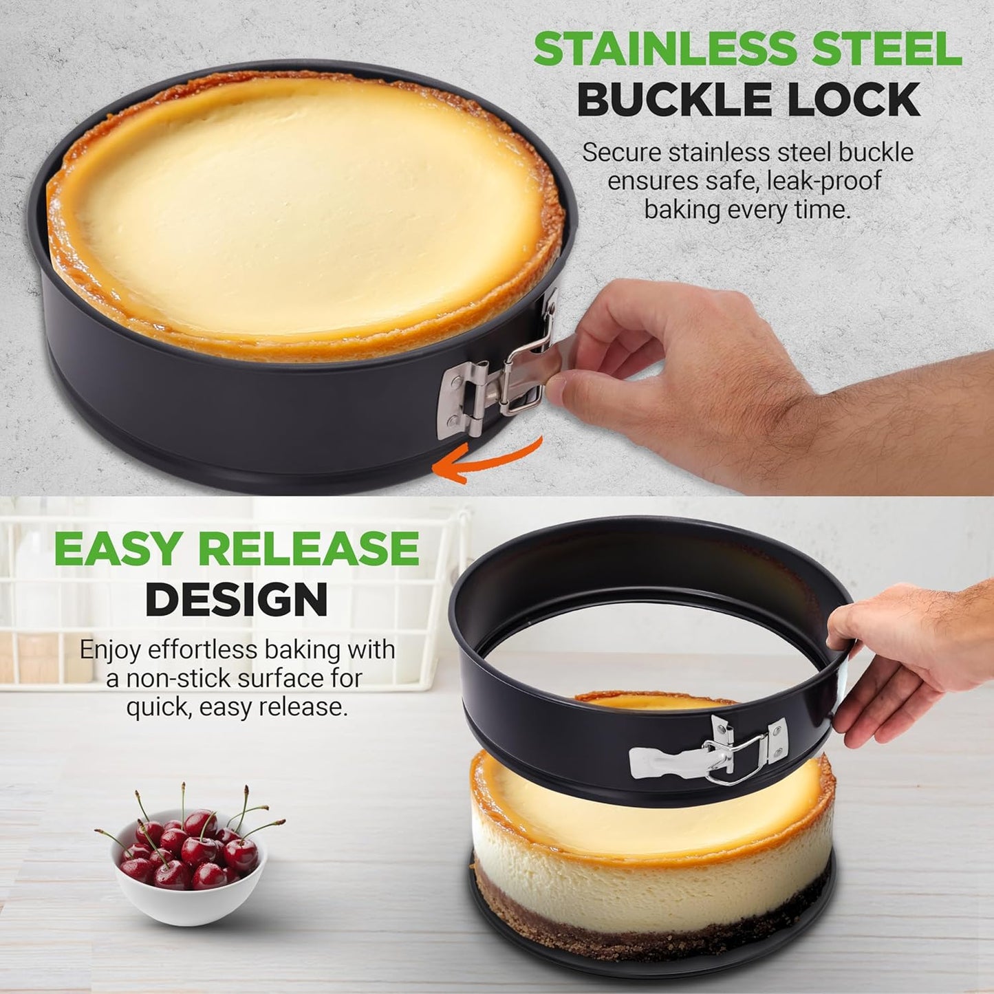 NutriChef 3-Piece Nonstick Springform Pan Set - Premium Carbon Steel Cheesecake Pans with Stainless Steel Clasp - 6", 8", 10" Sizes, Oven Safe up to 450°F - Includes 300pcs Parchment Paper (Black)