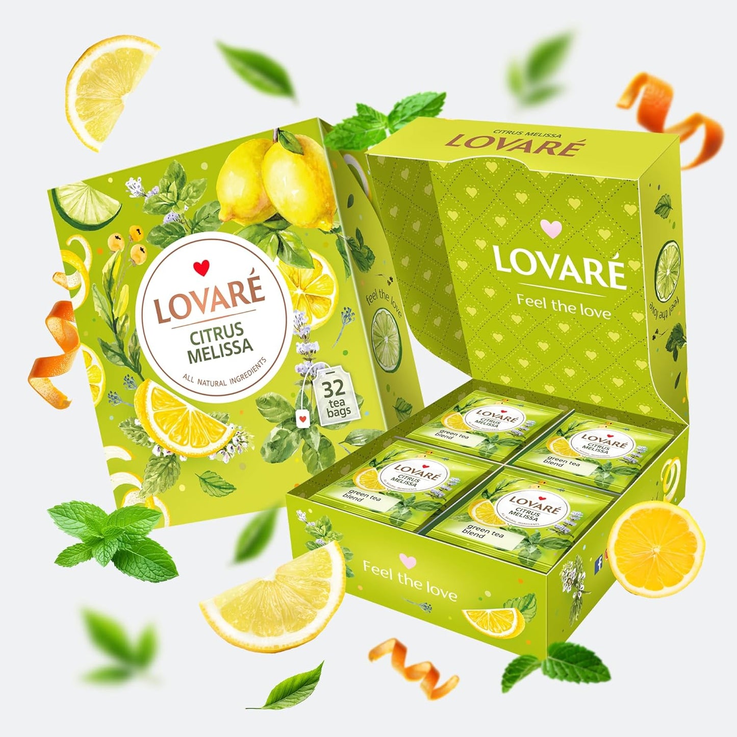 LOVARE Citrus Melissa Tea Bags 48 g - Made in Ukraine - Green Tea, Mint, Melissa, Lemongrass, Orange Peel - Tea Bags Individually Wrapped - Gift Box Sets for Tea Lovers (32 Tea Bags x 1.5 g Each)
