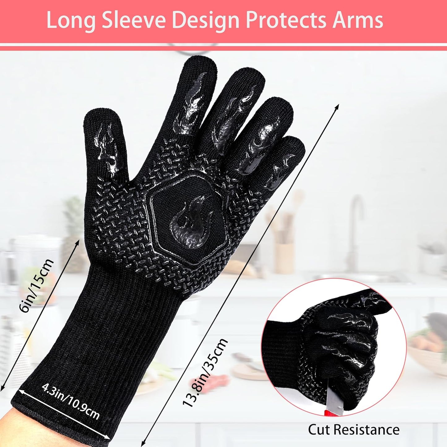 BBQ Fireproof Gloves, Grill Cut-Resistant Gloves 1472°F Heat Resistant Gloves, Non-Slip Silicone Oven Gloves, Kitchen Safe Cooking Gloves for Oven Mitts,Barbecue,Cooking, Frying, Black（2 Pairs）