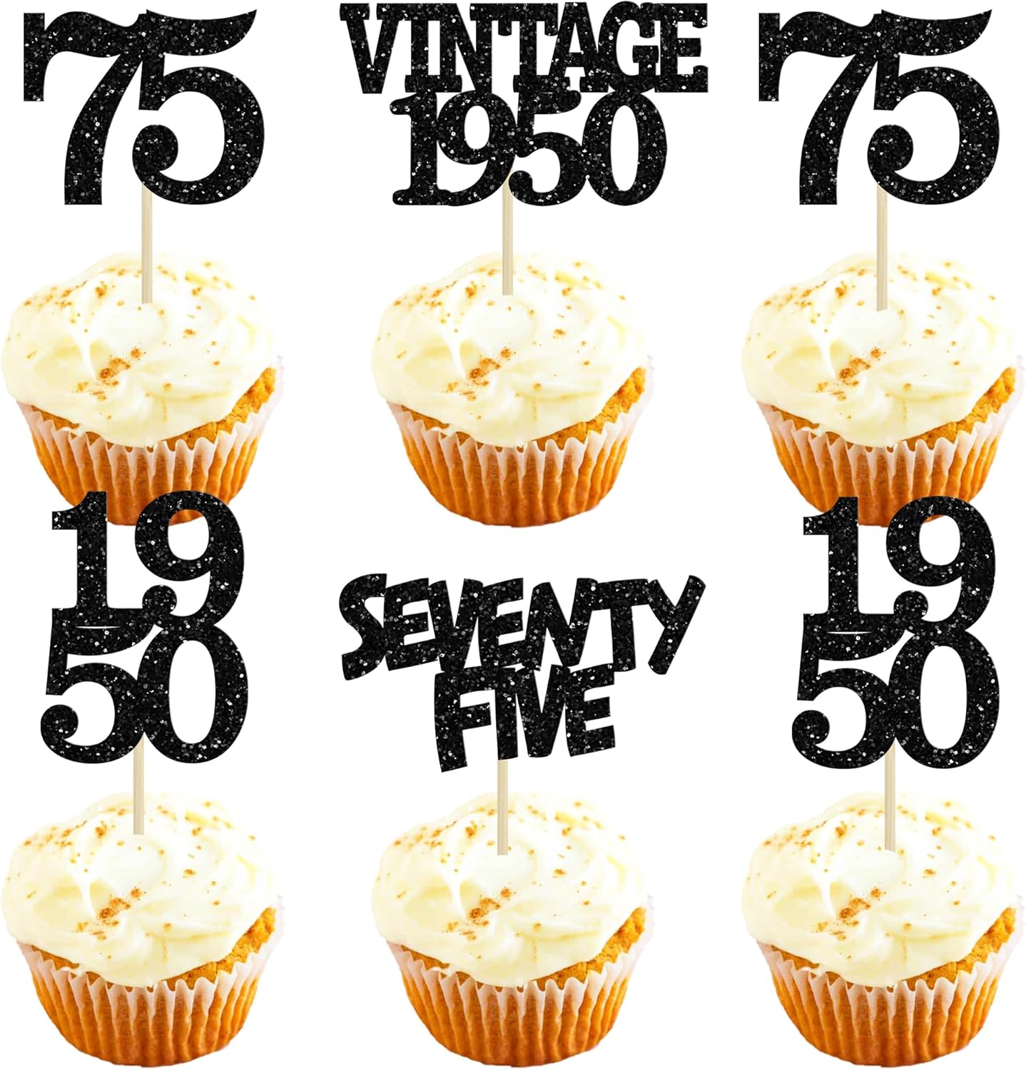 Gyufise 24Pcs Vintage 1950 Cupcake Toppers Glitter Cheers to 75 Fabulous Seventy Five Cupcake Picks 75th Birthday Wedding Anniversary Party Cake Decorations Supplies Black