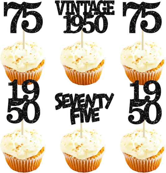 Gyufise 24Pcs Vintage 1950 Cupcake Toppers Glitter Cheers to 75 Fabulous Seventy Five Cupcake Picks 75th Birthday Wedding Anniversary Party Cake Decorations Supplies Black