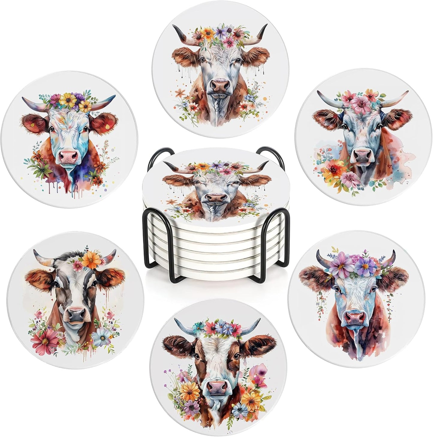 6 Pcs Coasters for Drinks with Holder, Highland Cows Flowers Absorbent Ceramic Coasters with Cork Base,Cute Funny Table Drinks Coasters Tabletop Protection Mat,Table Home Decor,4 Inches