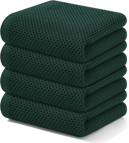 Kitinjoy 100% Cotton Waffle Weave Kitchen Towels, 4-Pack Super Soft and Absorbent Dish Towels for Drying Dishes, Kitchen Hand Towels, 13 in x 28 in, Blackish Green
