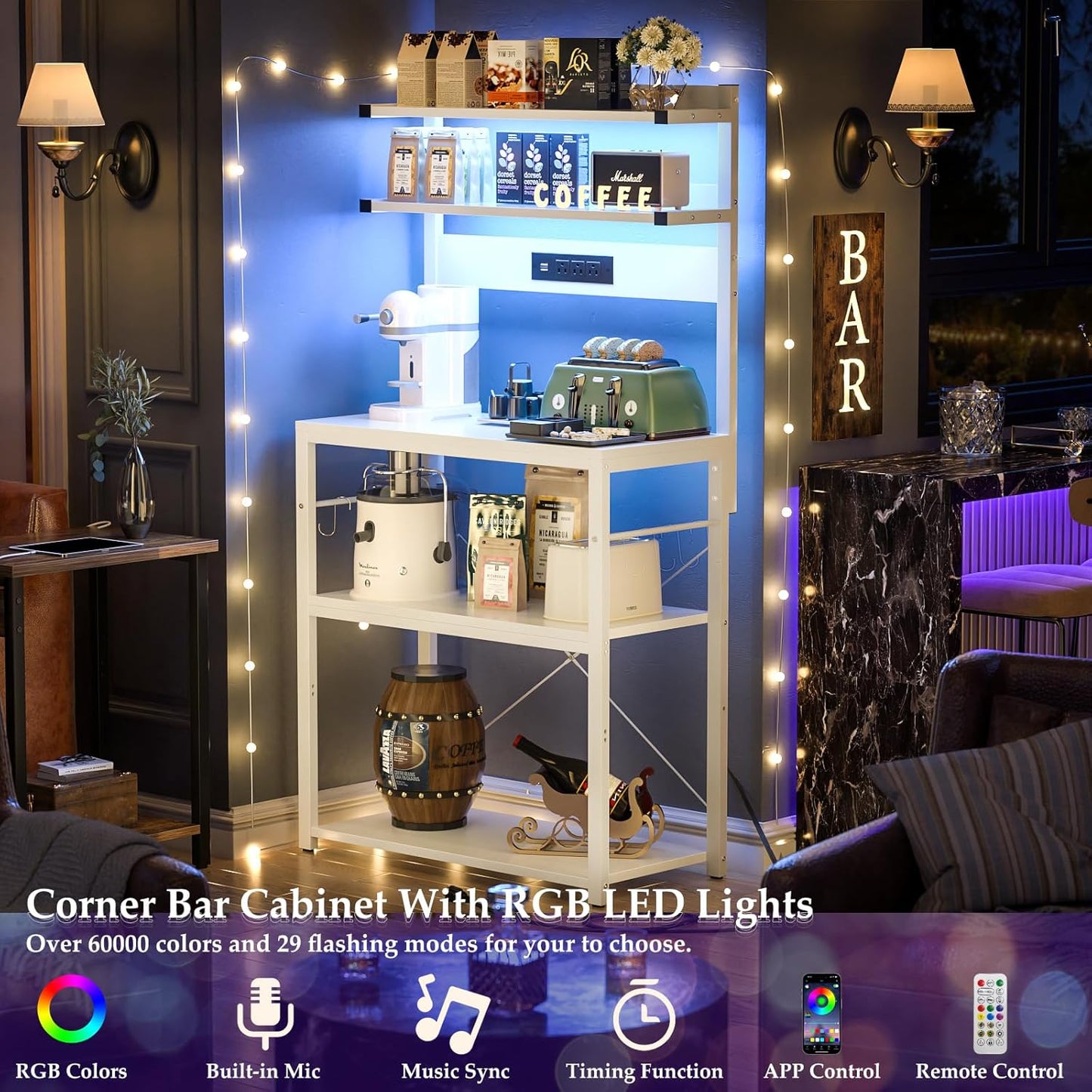 Aheaplus Bakers Rack with Power Outlet, Microwave Stand, 5 Tiers Coffee Bar Station with Led Lights, Kitchen Storage Shelf with 6 S-Shaped Hooks, Kitchen Rack for Spices, Pots and Pans, White