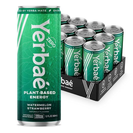 Yerbaé Energy Beverage, Watermelon Strawberry, 120mg Caffeine. No Sugar/Calories/Carbs, Energized by Yerba Mate, Plant-Based, Healthy Alternative to Sugary Drinks, Pack of 12, 12oz cans