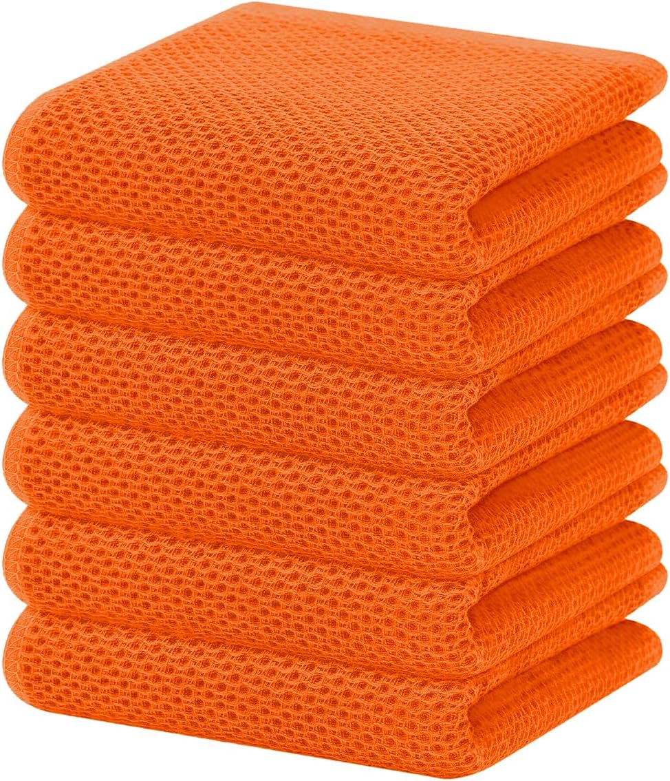 Homaxy 100% Cotton Waffle Weave Kitchen Dish Towels, Ultra Soft Absorbent Quick Drying Cleaning Towel, 13 x 28 Inches, 6-Pack, Orange