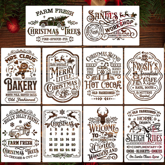 Christmas Stencils for Painting A4 Christmas Stencils for Crafts Reusable Holiday Drawing Templates for Wood Fabrics Door Mat Porch Hanger Winter Decor(XMS Stencil A402/10P)