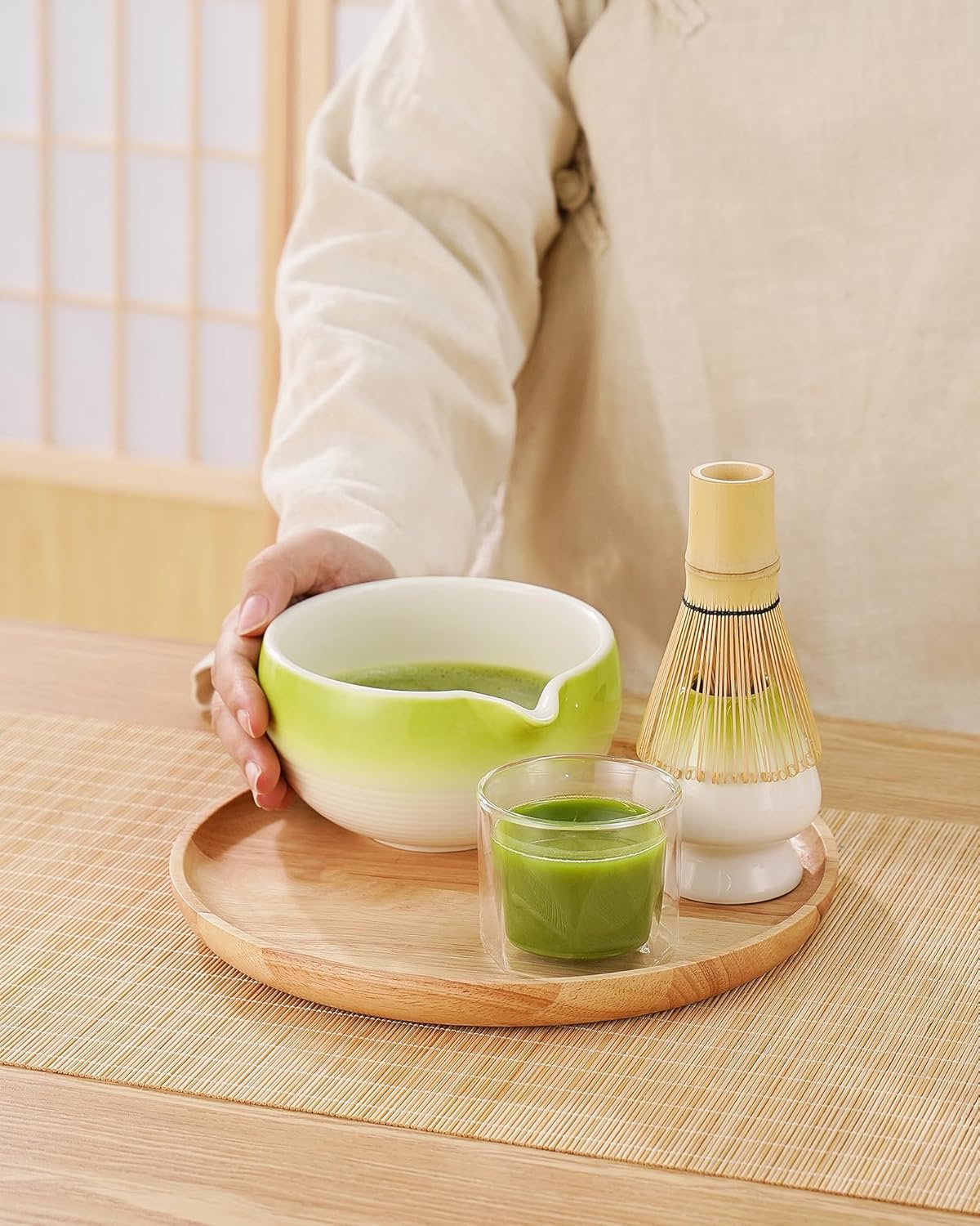 ZENS Matcha Whisk Set, 15oz Hand-Glazed Matcha Bowl with Spout and Bamboo Whisk, Whisk Holder (Chasen), Scoop & Tea Towel, 5pcs Matcha Tea Set Gift for Matcha Ceremony, Green