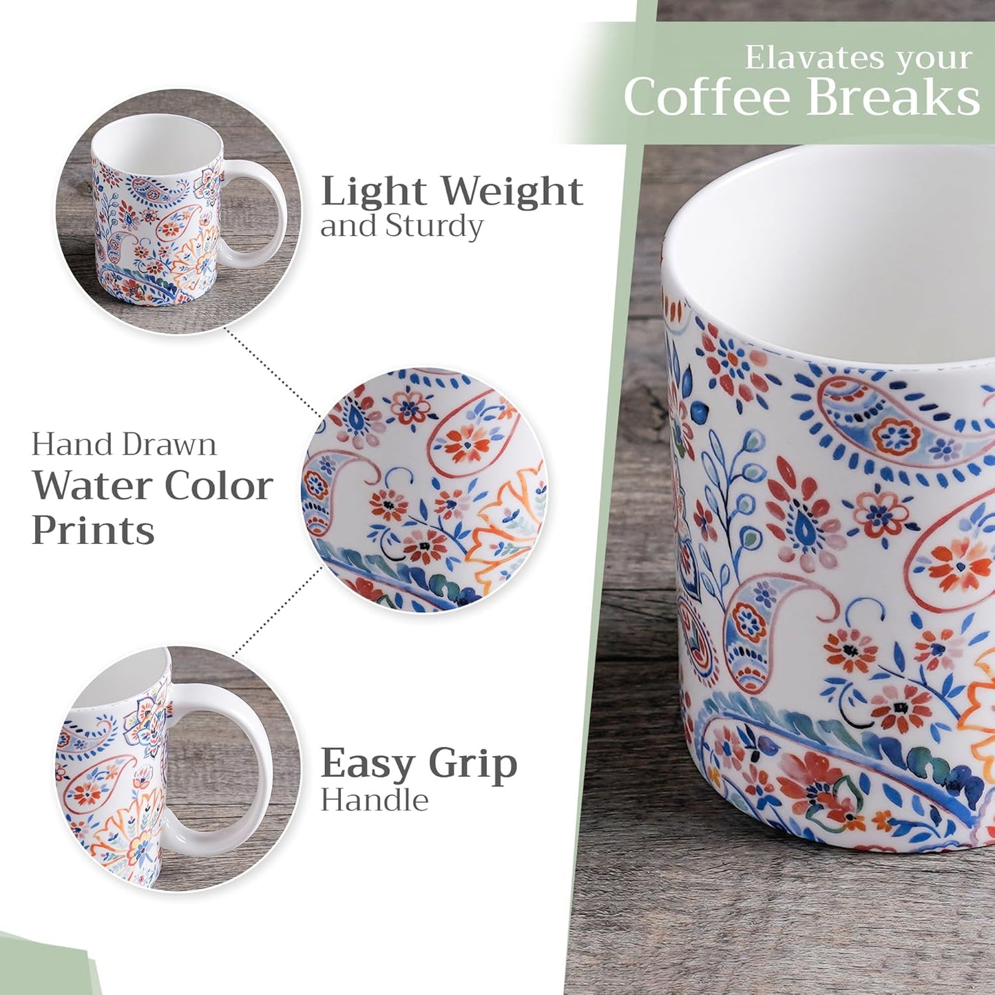 Maison d' Hermine Coffee Mug with Handles Fine Bone China Mugs Pack of One Tea Cups for Hot Beverages Cappuccino Latte Home Restaurant Office Perfect for Gift (Indian Floral - Paisley, 15 Ounce)
