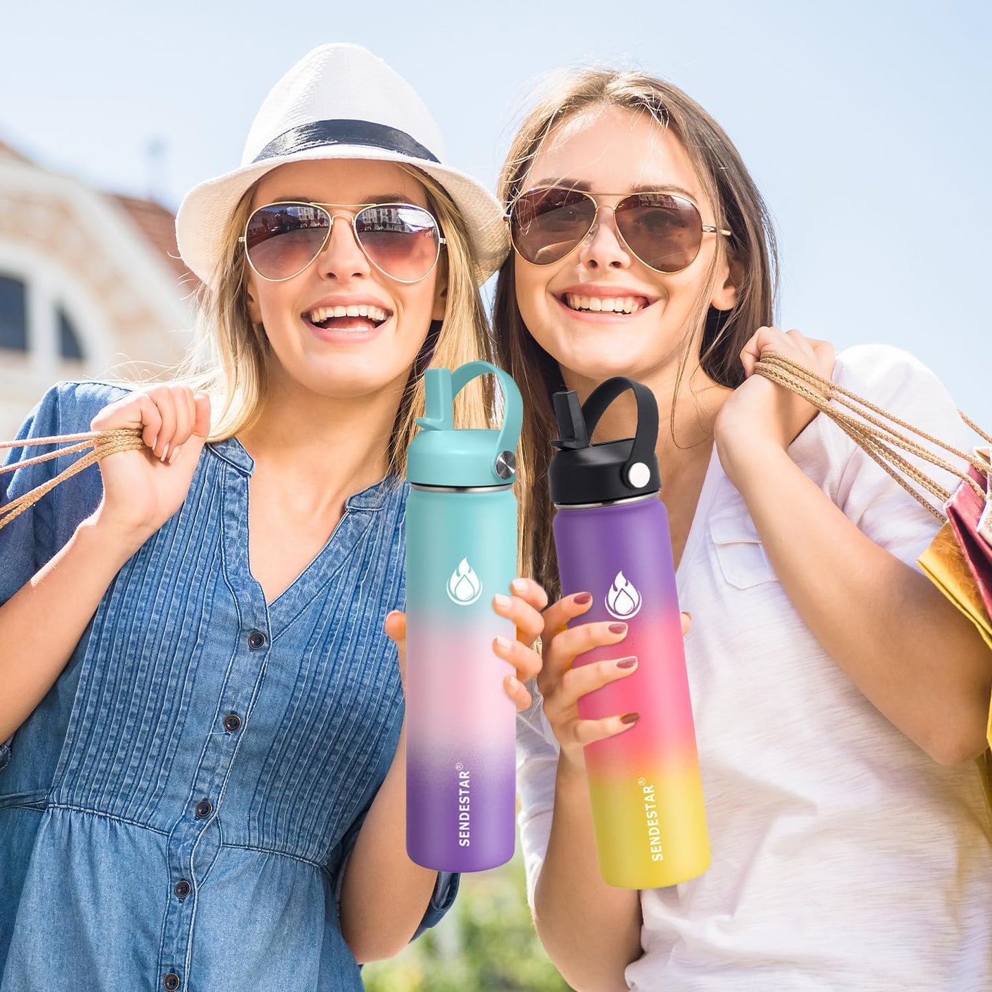 SENDESTAR Water Bottle 40oz Double Wall Vacuum Insulated Leak Proof Stainless Steel Sports Water Bottle—Wide Mouth with New Flex Straw Lid & Spout Lid (White&Voilet)