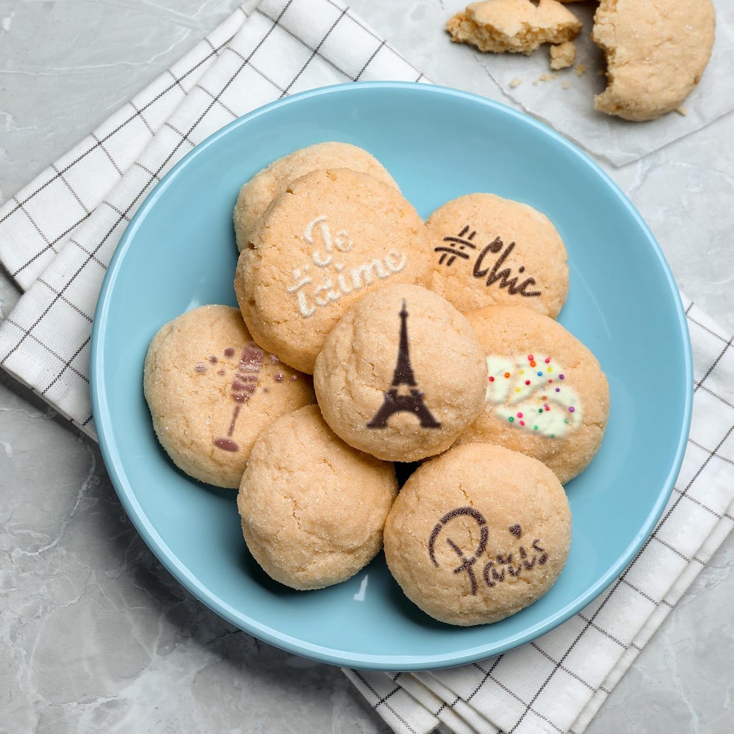 NAKLEO Coffee Stencils and Cookies Decoration 14Pcs 2.8”x2.8” and 4.3”x4.3”, Reusable Plastic Baking Templates, Paris Travel France, Barista DIY Art Craft, Capuccino Latte Chocolate Cake Biscuit